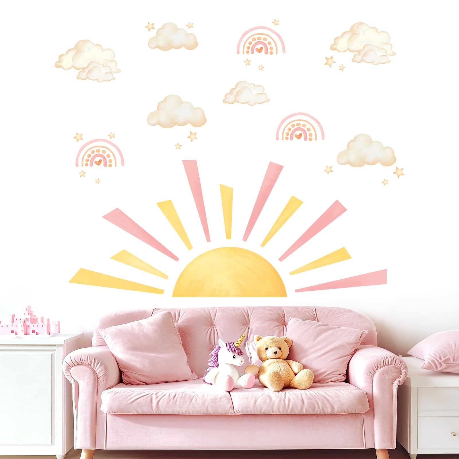 FUFUQUARE Boho Sun Wall Stickers Clouds Rainbow Peel and Stick Wall Decal PVC Removable for Kids' Bedroom Playroom Nursery Classroom Living Room