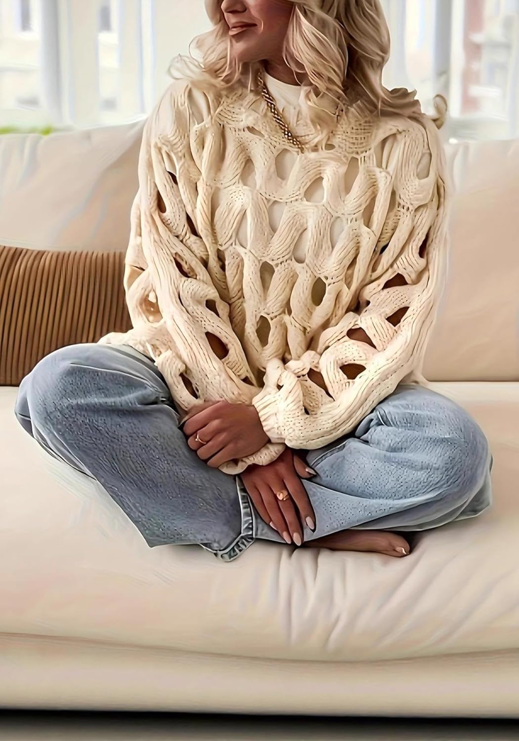 LETSVDO Women's Crochet Hollow Out Sweater Long Sleeve Crewneck Mesh Knit Pullover Tops Casual Beach Vacation Cover Ups
