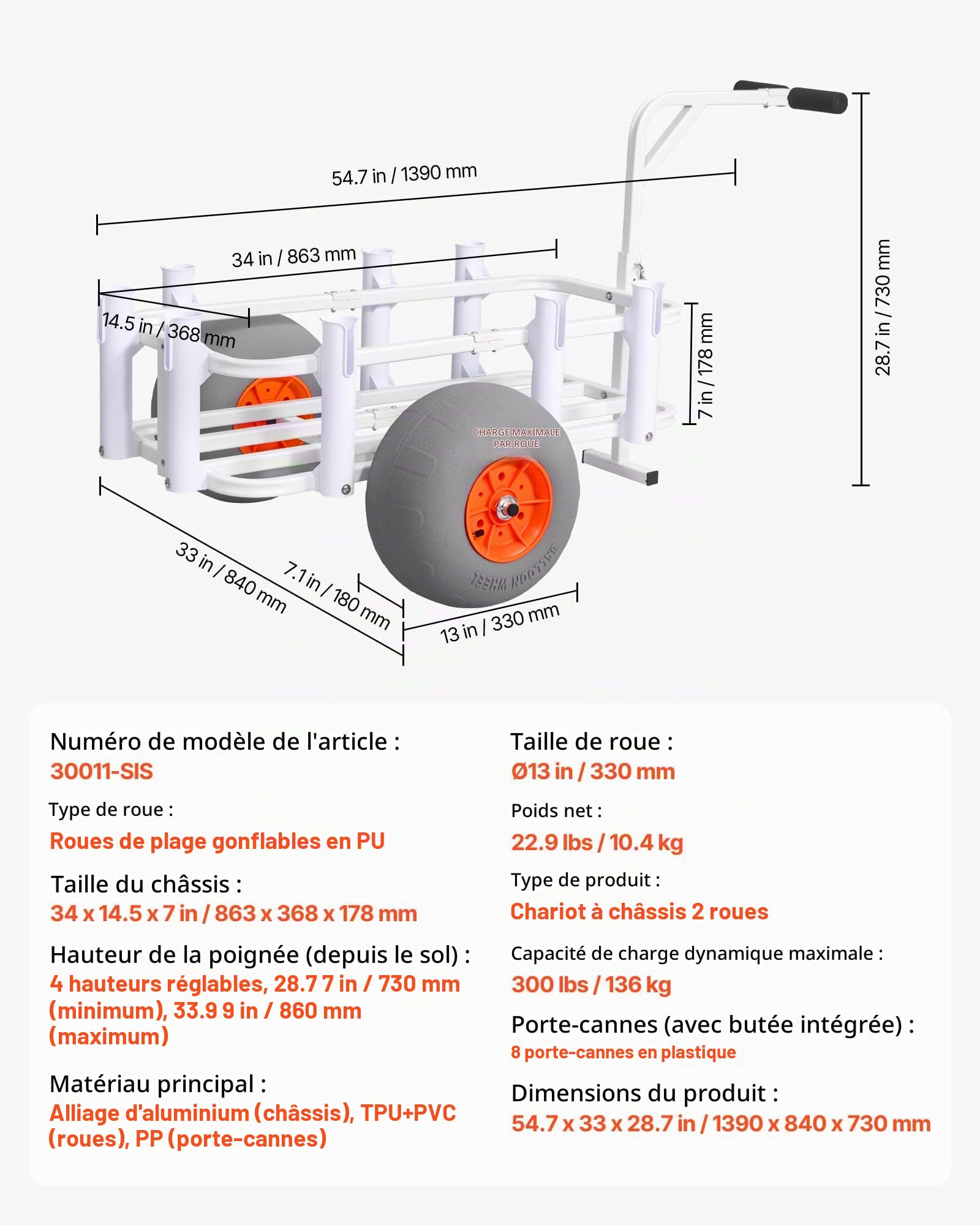 VEVOR Chariot de Pêche, Capacité de Charge 136 kg, Chariot de Transport Matériel de Pêche pour Plage Camping, Pneus Gonflables Tout-Terrain en PU 330 mm, Cadre en Alliage d'Aluminium, 8 Porte-Cannes