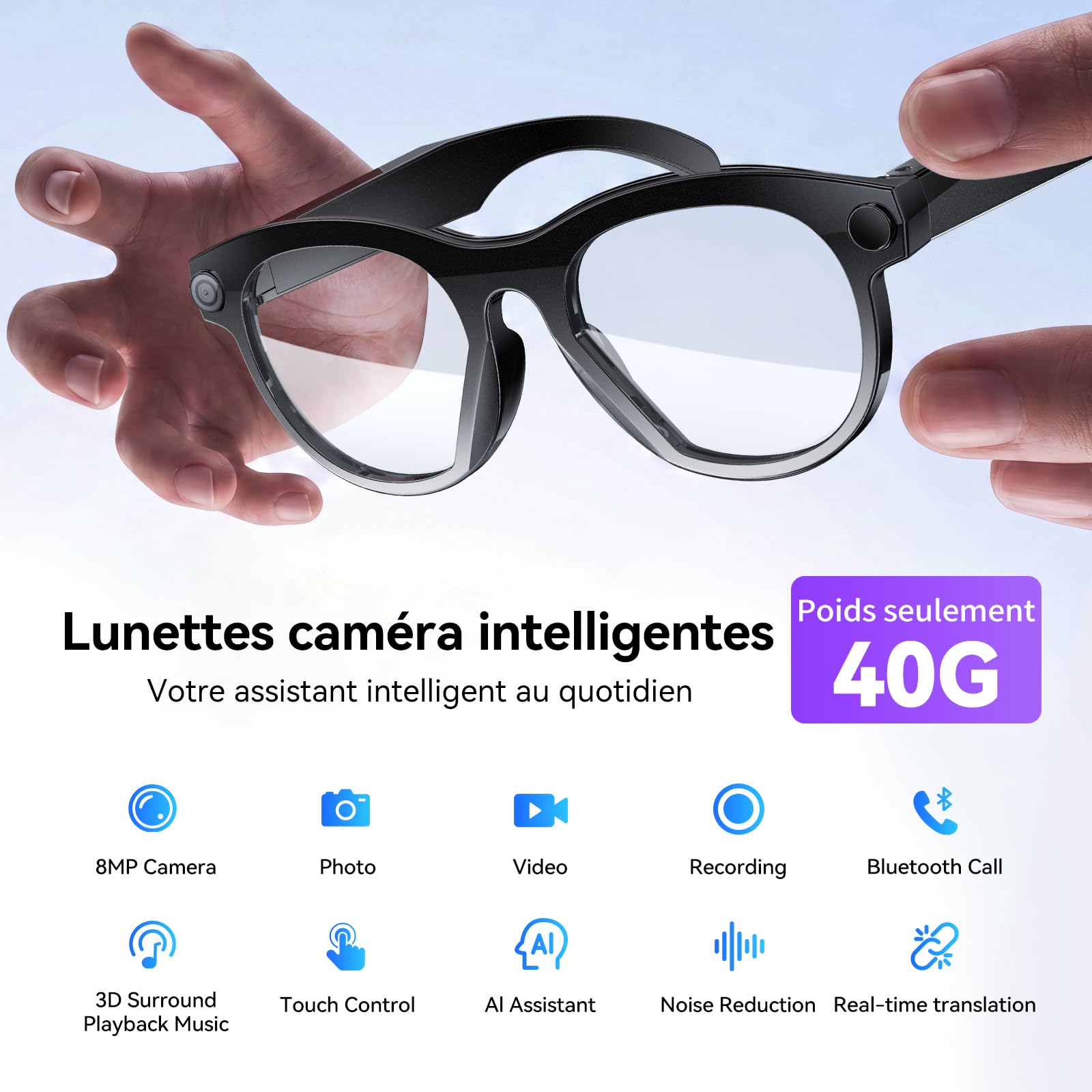 Lunettes Intelligentes AI, Lunettes de Traduction, Verres 3 Couleurs Interchangeables, Protection UV, Appareil Photo HD avec Flash LED, Assistant Vocal, pour Courir, Rouler, Réunion d'affaires
