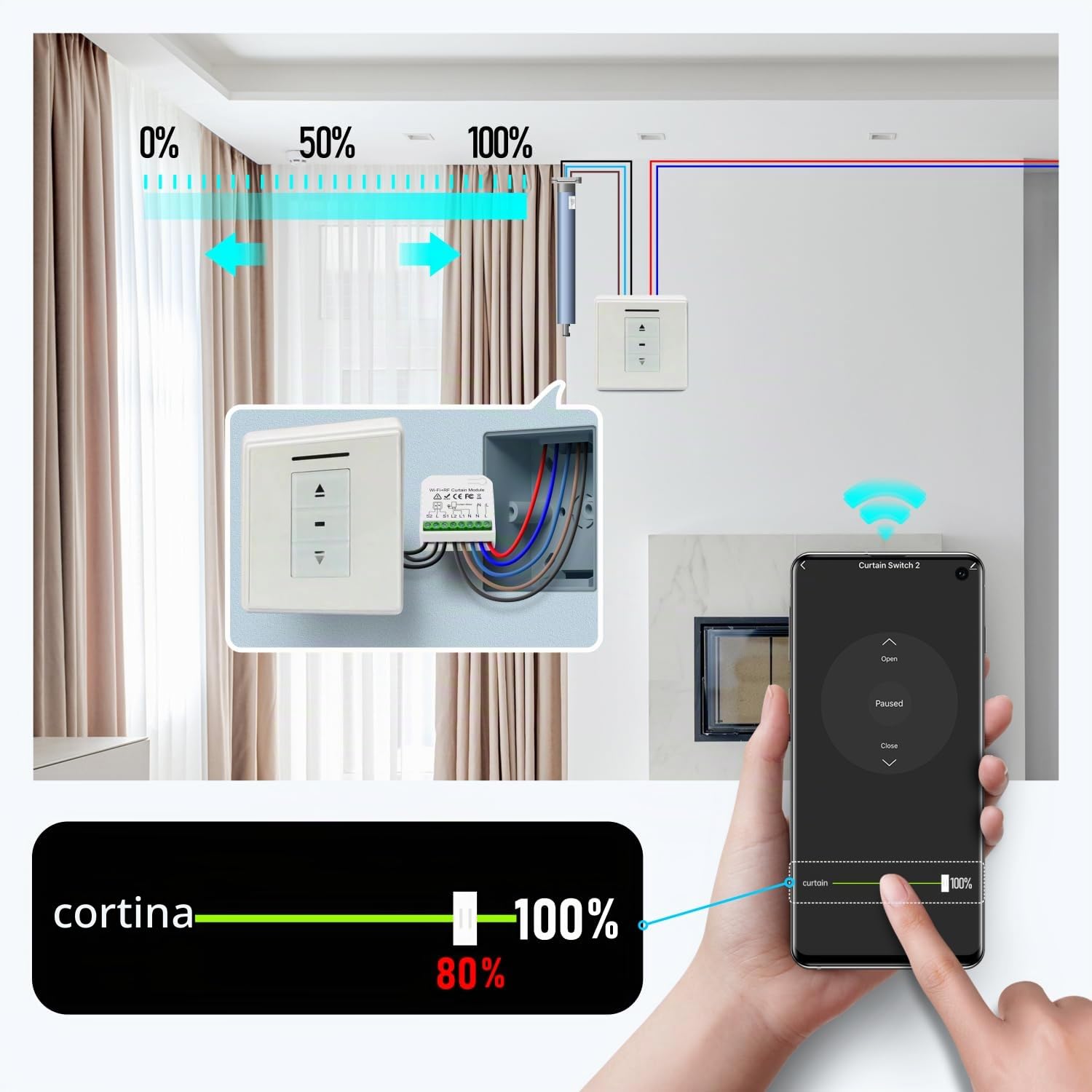 Interruptor Persianas WiFi RF433 Interruptor inalámbrico móvil, Relé de persianas temporizador inteligente para cortina eléctrica Compatible con Alexa Voice Google Home tuya APP Control, 500W