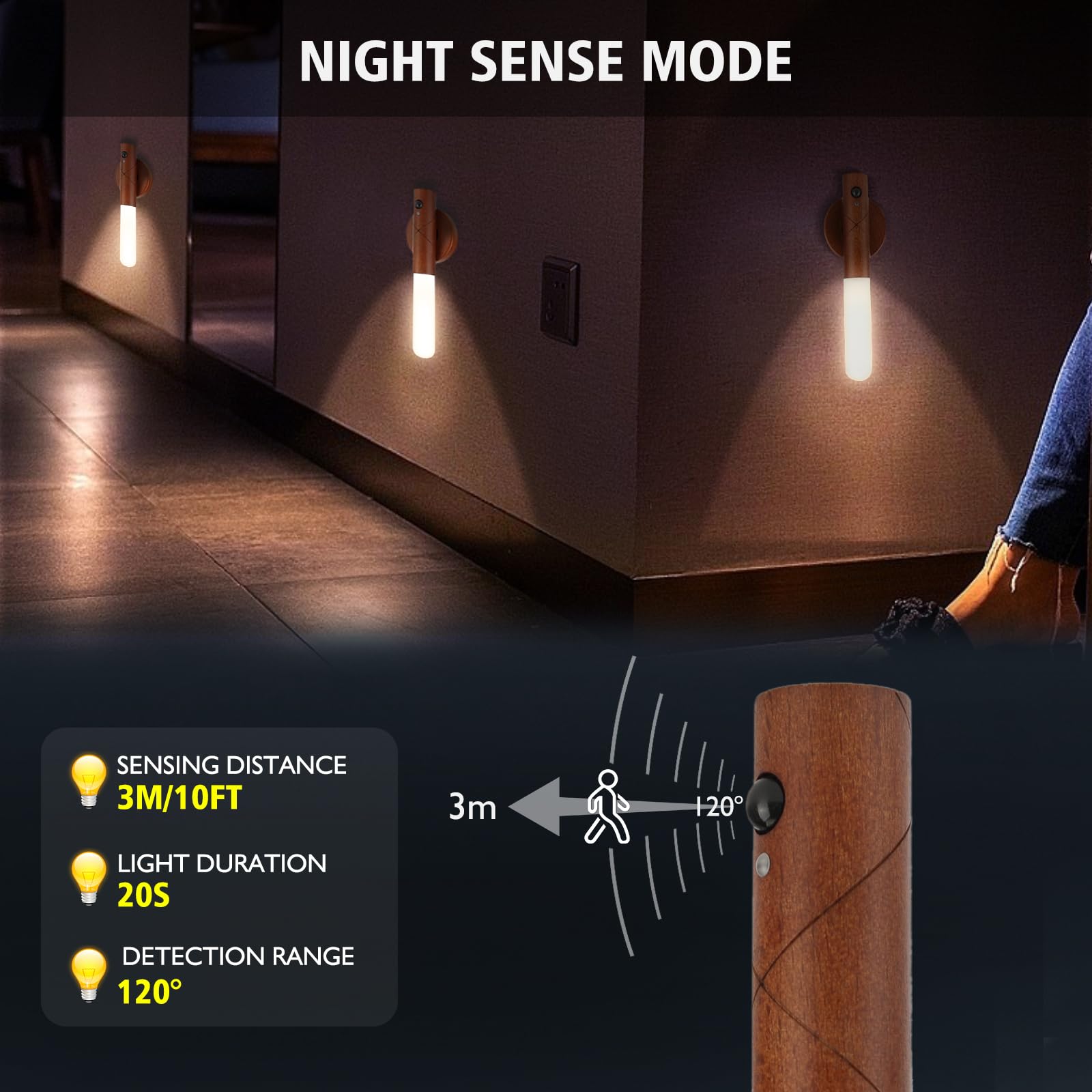 Lampa ścienna z drewna, do wnętrz, lampka nocna LED z czujnikiem ruchu, bateria, USB 3 temperatury barwowe i możliwość ściemniania, lampa ścienna do korytarza, salonu, sypialni, klatki