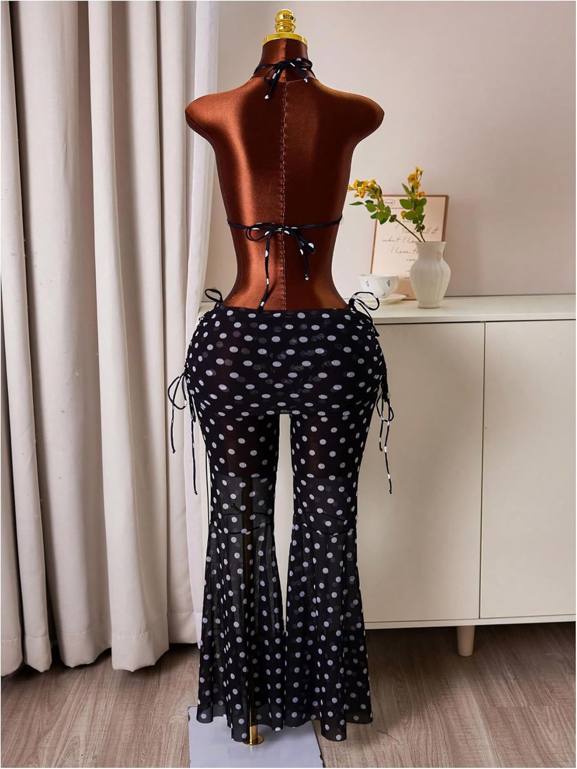 MakeMeChic Women's 3 Piece Polka Dots Bikini Sets Halter Triangle Pearl Thong Swimsuit with Cover Up Pants