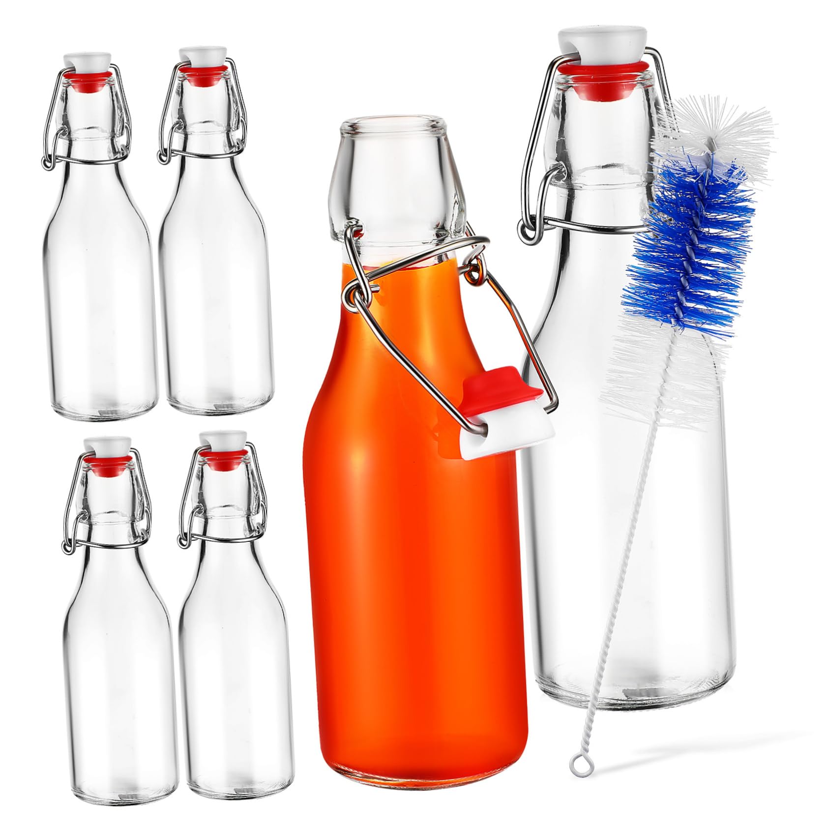 Glasflaschen mit Bügelverschluss 250ml aus Glas und Silikon | Inklusive Bürste, für Milch und Kaltgetränke, 250ml Je Flasche, 6 Stück