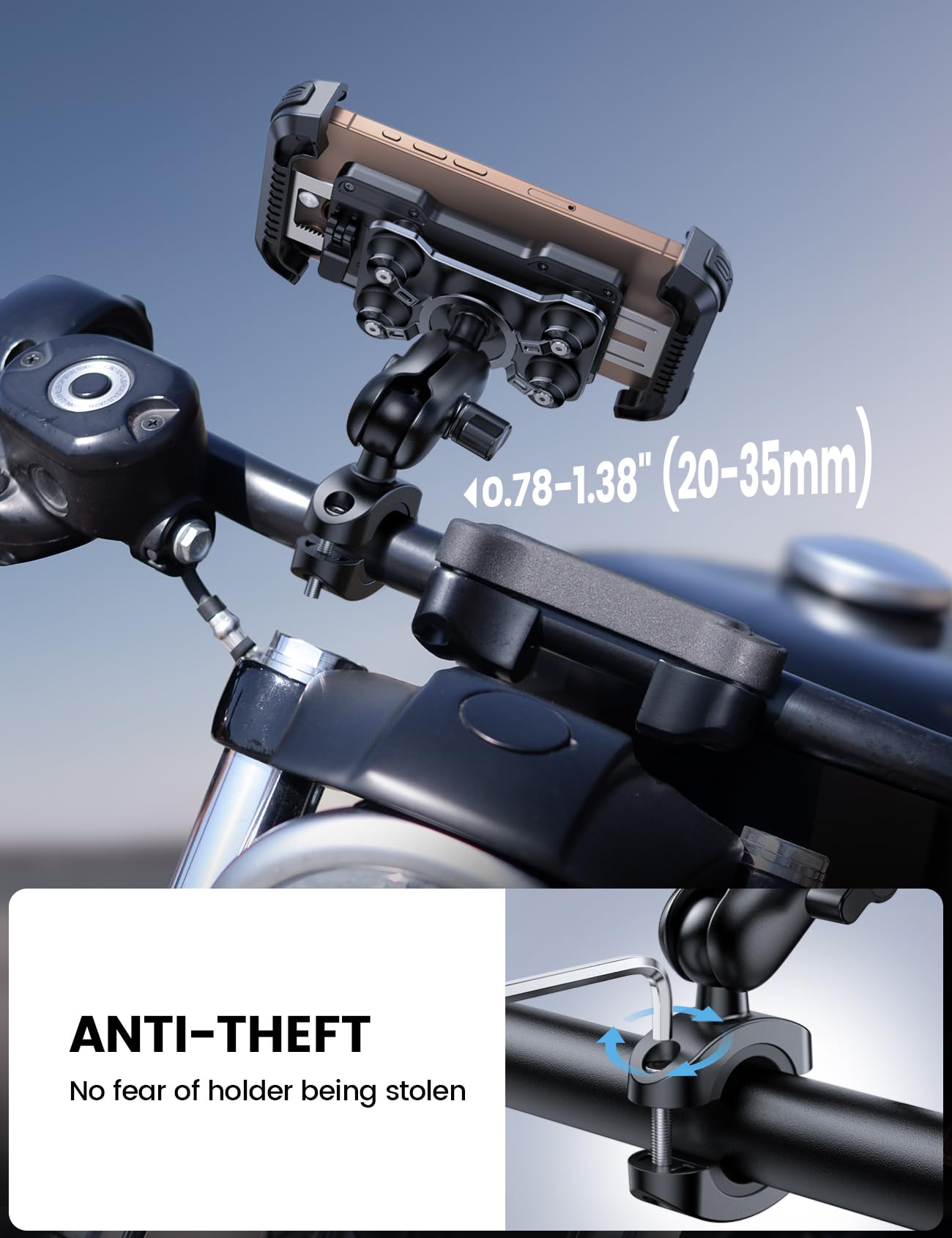 Lamicall Support Téléphone Moto - [Antivol] [Double Anti-Vibration] Bras Extension Métal, Support Téléphone Vélo, 2 x 360° Pivotant Support pour Guidon, pour iPhone 17 16 15 14 et 4,7-6,8" Smartphone - 5