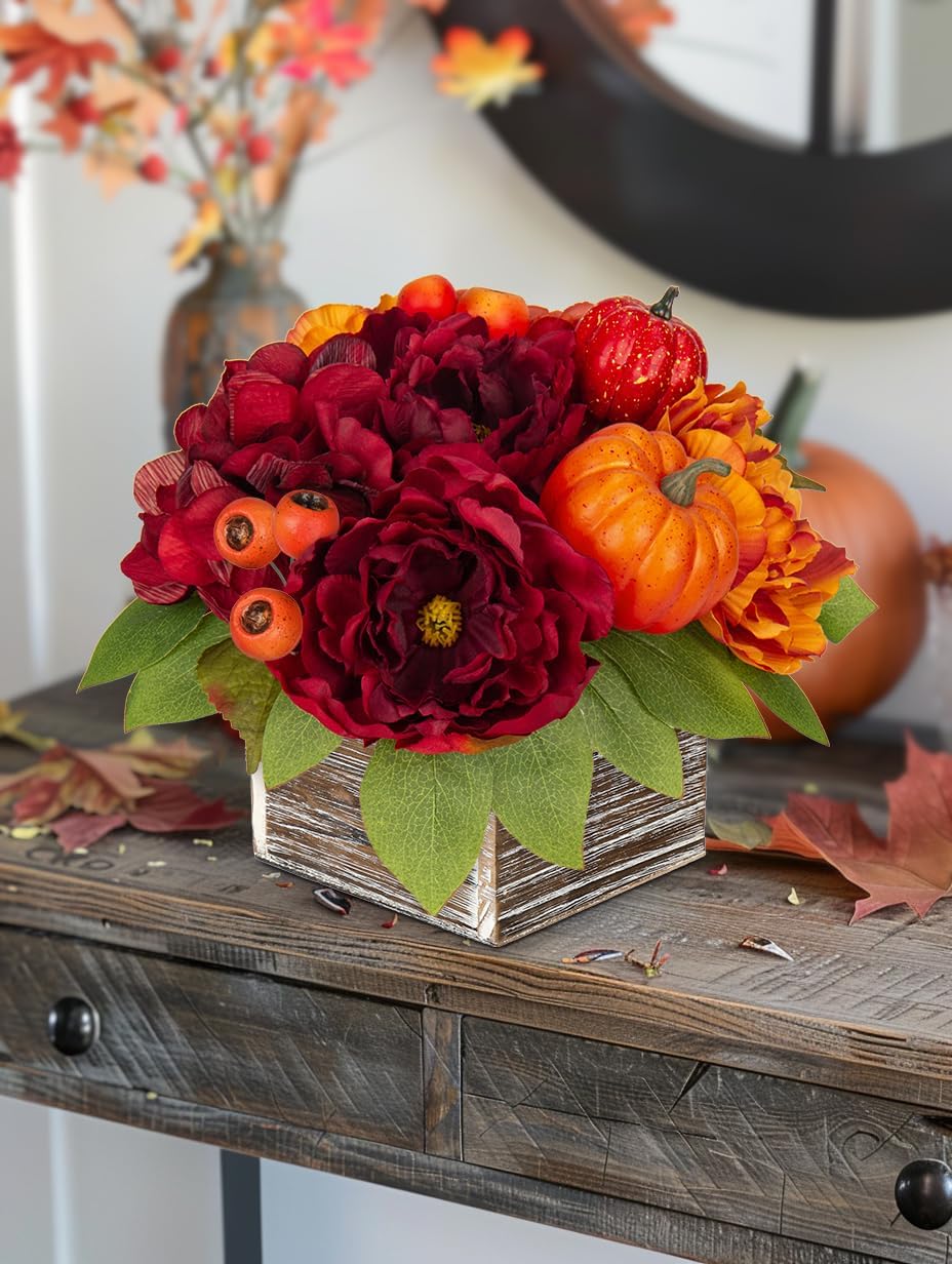 DILATATA Fall Decor Autumn Harvest Pumpkins Centerpiece - Artificial Peony Arrangement in Wooden Box for Thanksgiving Party Mantel Fall Decor