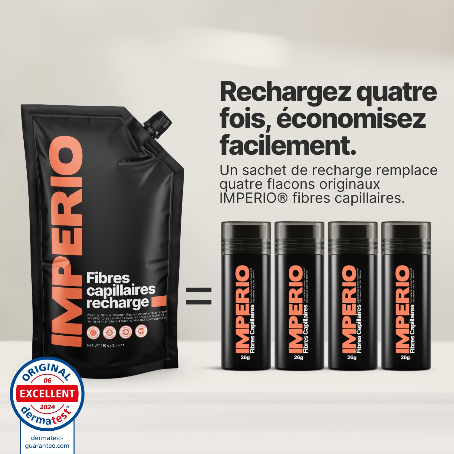 IMPERIO Pack de recharge pour cheveux dispersés - Recharge de 110 g avec cheveux raides de qualité supérieure - Recharge durable avec fermeture pratique - Remplissage facile de la boîte Hair Fibers