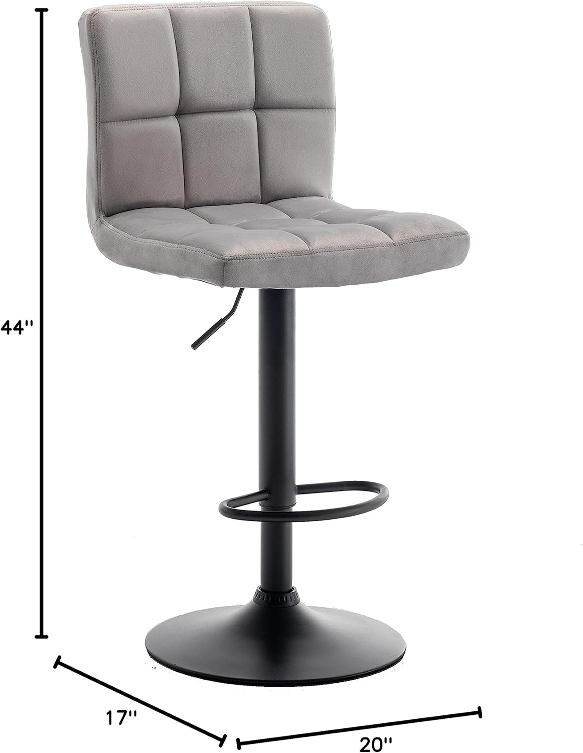 BTEXPERT Set of 2, Counter Height Barstools High Back Adjustable Modern Bar Chairs Metal upholstered Swivel Grey Velvet Dining Barstool Chair Two Pcs, Tall Kitchen Island Stool