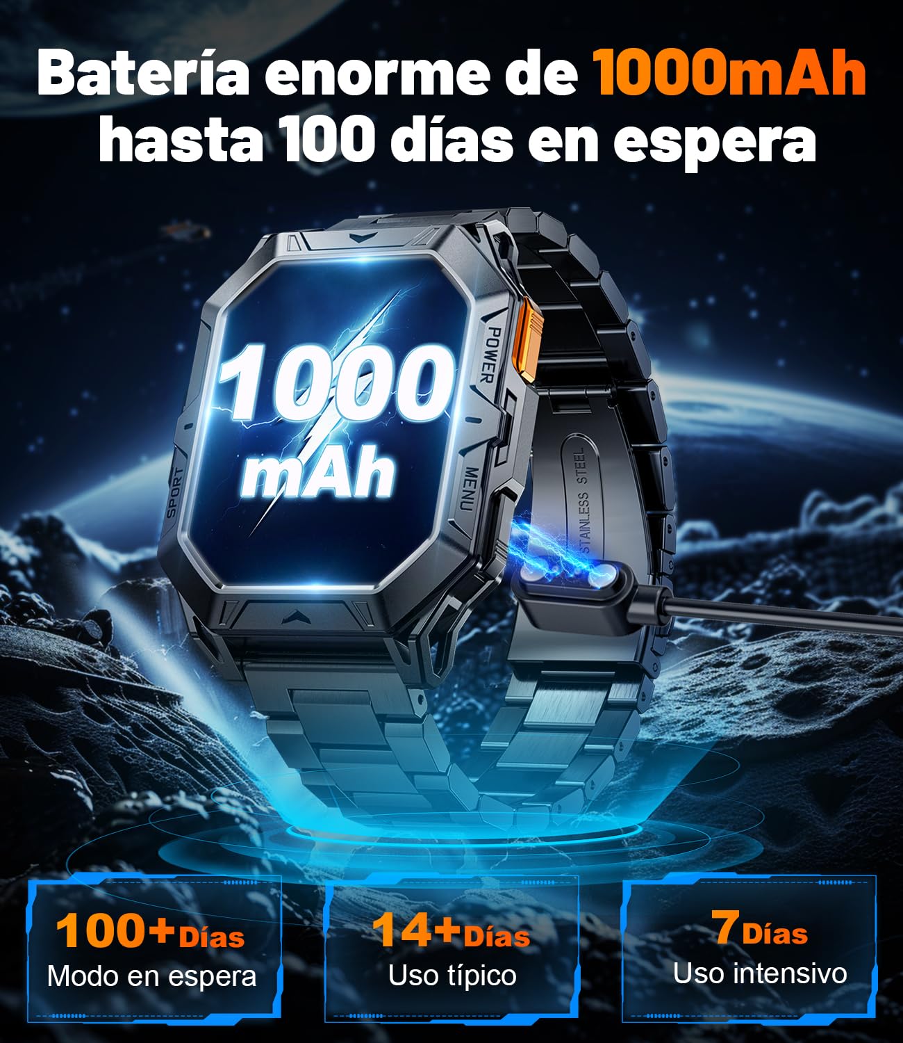 LIGE Reloj Inteligente Hombre, 256MB con 1000mAh Batería/Brújula/Altitud/Barómetro, 2.13" AMOLED Smartwatch Llamadas Bluetooth,100+ Deportivos,10ATM,Herzfrequenz/Schlafmonitor,Android iOS, Negro