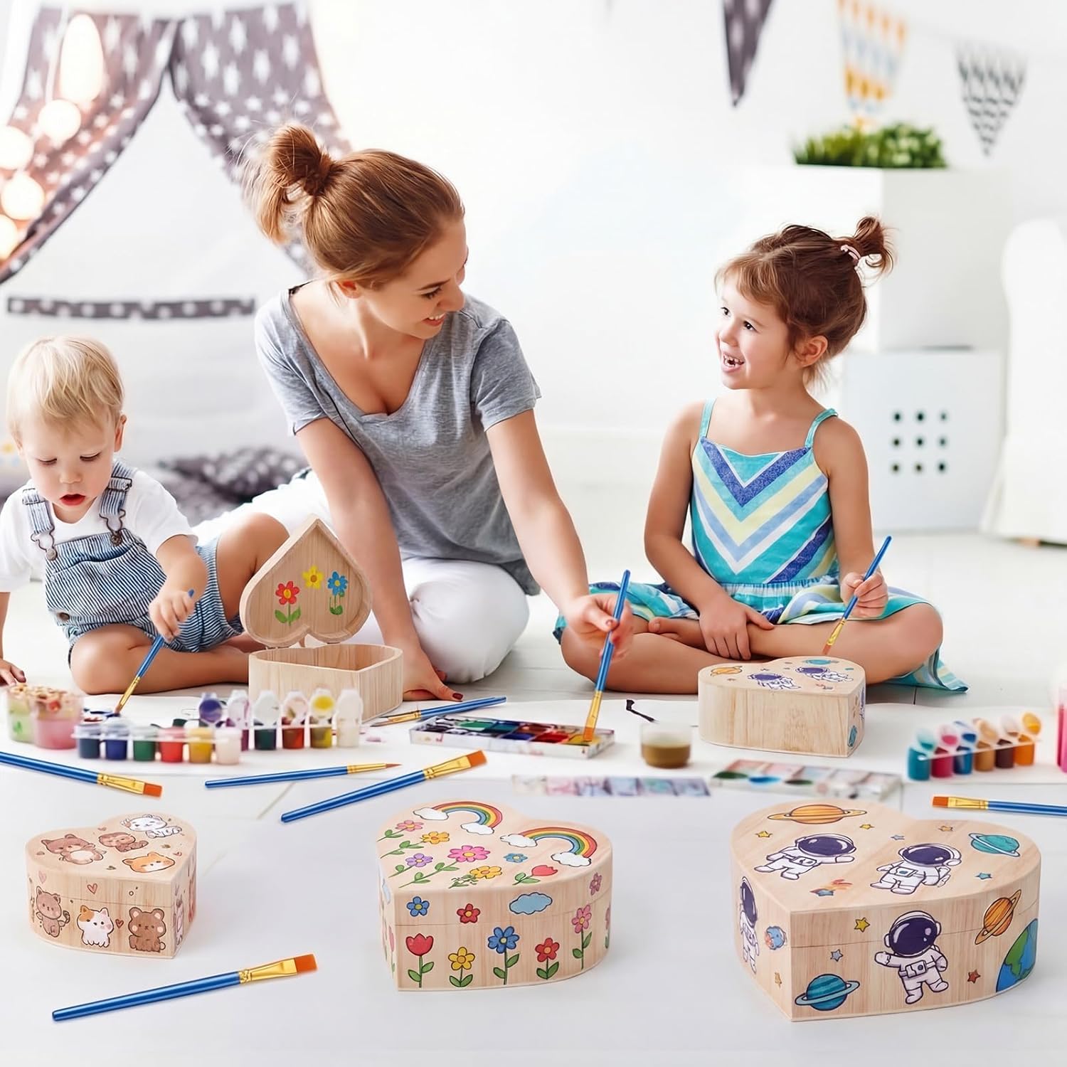 Taiyin Unfinished Heart Box Unpainted Wooden Treasure Chest with Art Brushes Wood Heart Shaped Natural Pine Box with Hinged Lid for DIY Craft Making Storage Jewelry(50 Pcs)