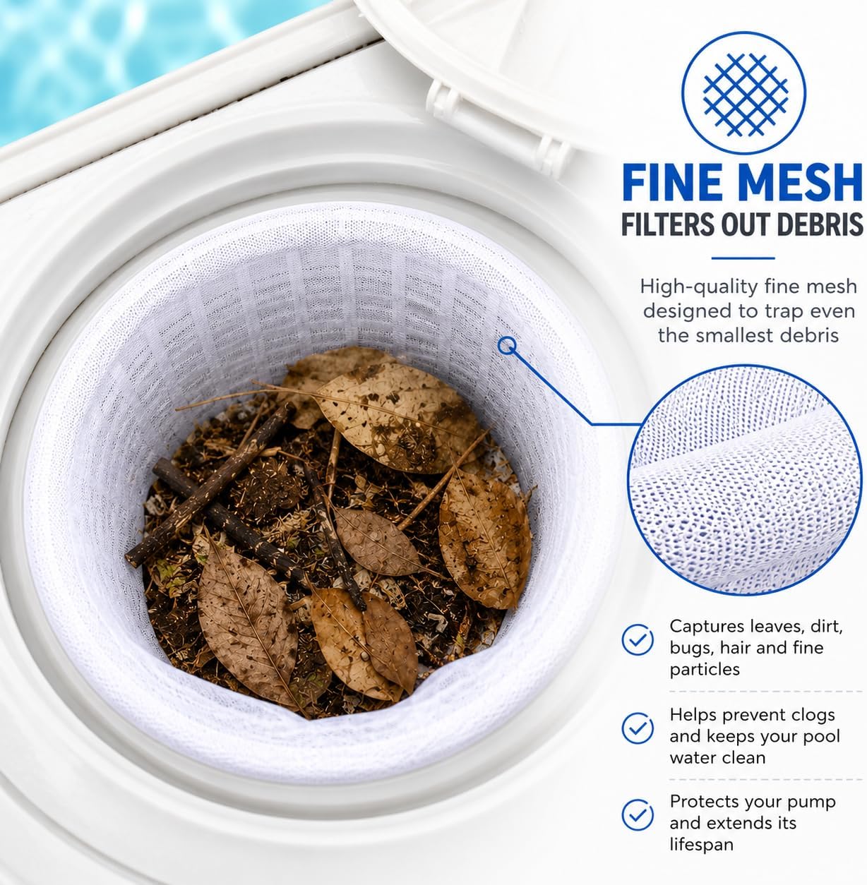 XtremepowerUS 30-Pack of Pool Skimmer Socks,tra Fine Mesh Filter Sock Net for Skimmer Baskets, Skimmers Cleans Debris and Leaves for In-Ground and Above Ground Pools ,White