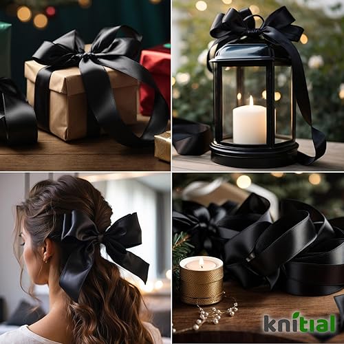 Miniatura 2 de Knitial Cinta negra satinada de 1-12 pulgadas x 50 yardas, doble cara para envolver regalos y manualidades