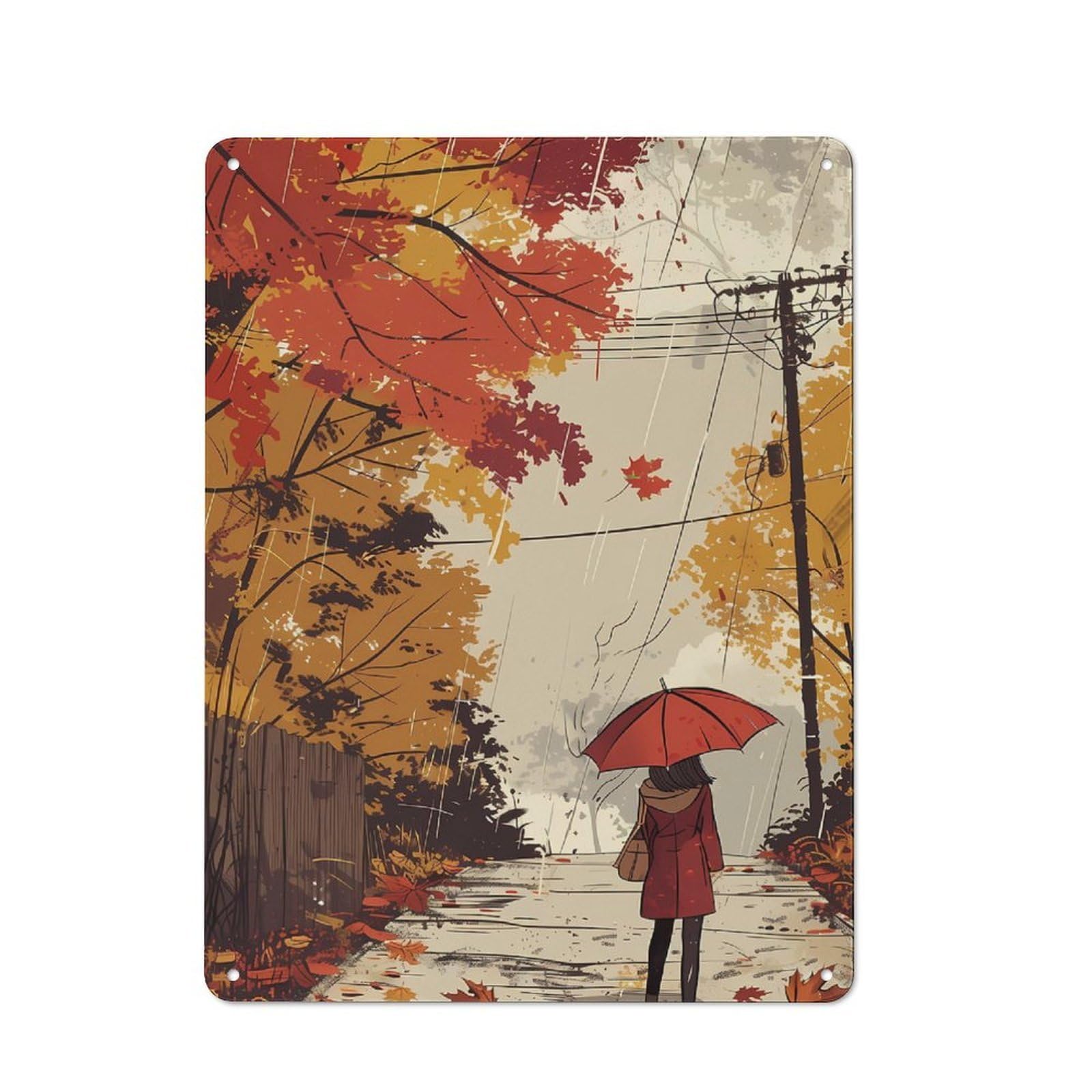 Tin Wall Plaque 40x30cm with Rainy Autumn Walk for Café Or Home Bar, for Kitchen, Dining Room And Home Bar Wall Decor