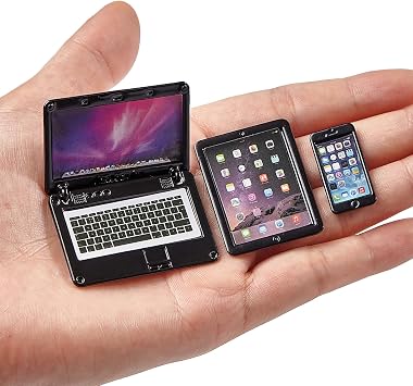 Dollhouse Furniture Accessories Laptop, 1/12 Scale 1/6 Scale Miniature Decor Phone Tablet Mini Stuff Things Doll House Mini Play Set Accessories 3 PcsBlack