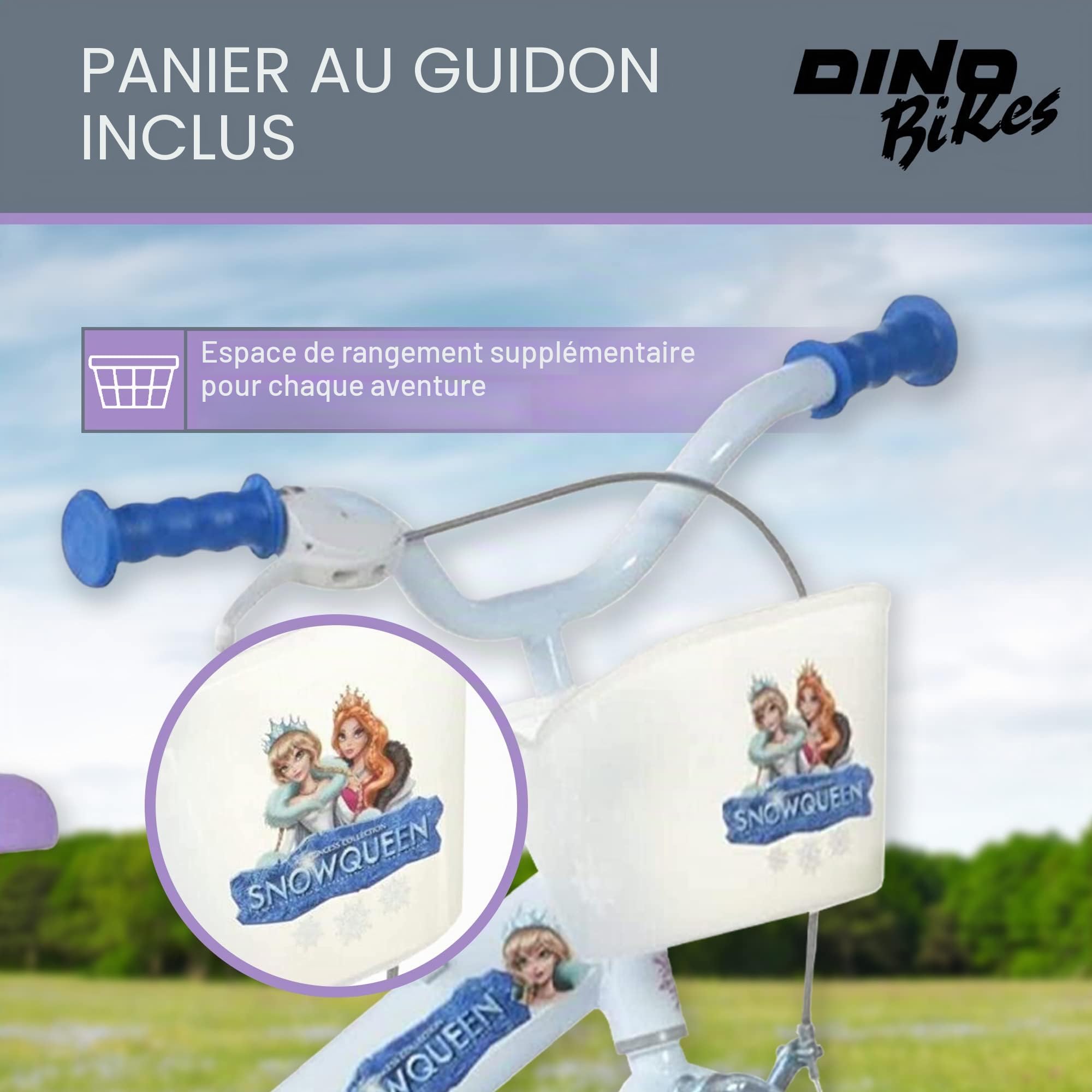 Dino Bikes - Vélo pour enfant La Reine des Neiges - Vélo fille avec stabilisateurs amovibles à partir de 2 ans - Vélo enfant avec panier avant et porte-poupée - Hauteur de selle et guidon réglables