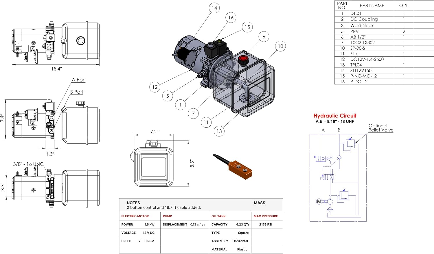 Hydraulic Pump for Dump Trailer 12 Volt DC Double Acting - Solenoid Hydraulic Power Unit 4 Quart Plastic Tank - Dump Trailer Electric Hydraulic Power Pack