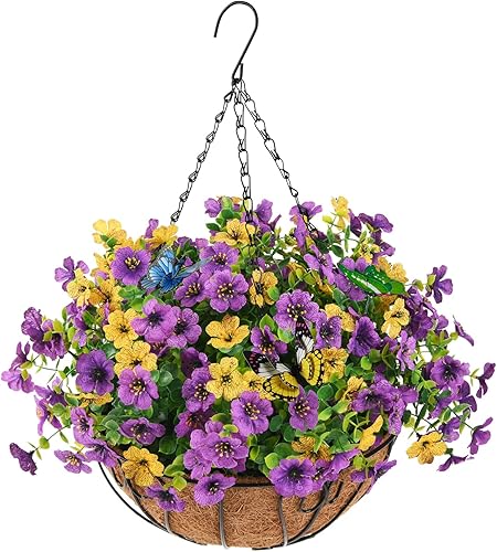 Cestas colgantes artificiales con flores de margaritas para exterioresinteriores, de seda con forro de coco de 12 pulgadas para la decoración de