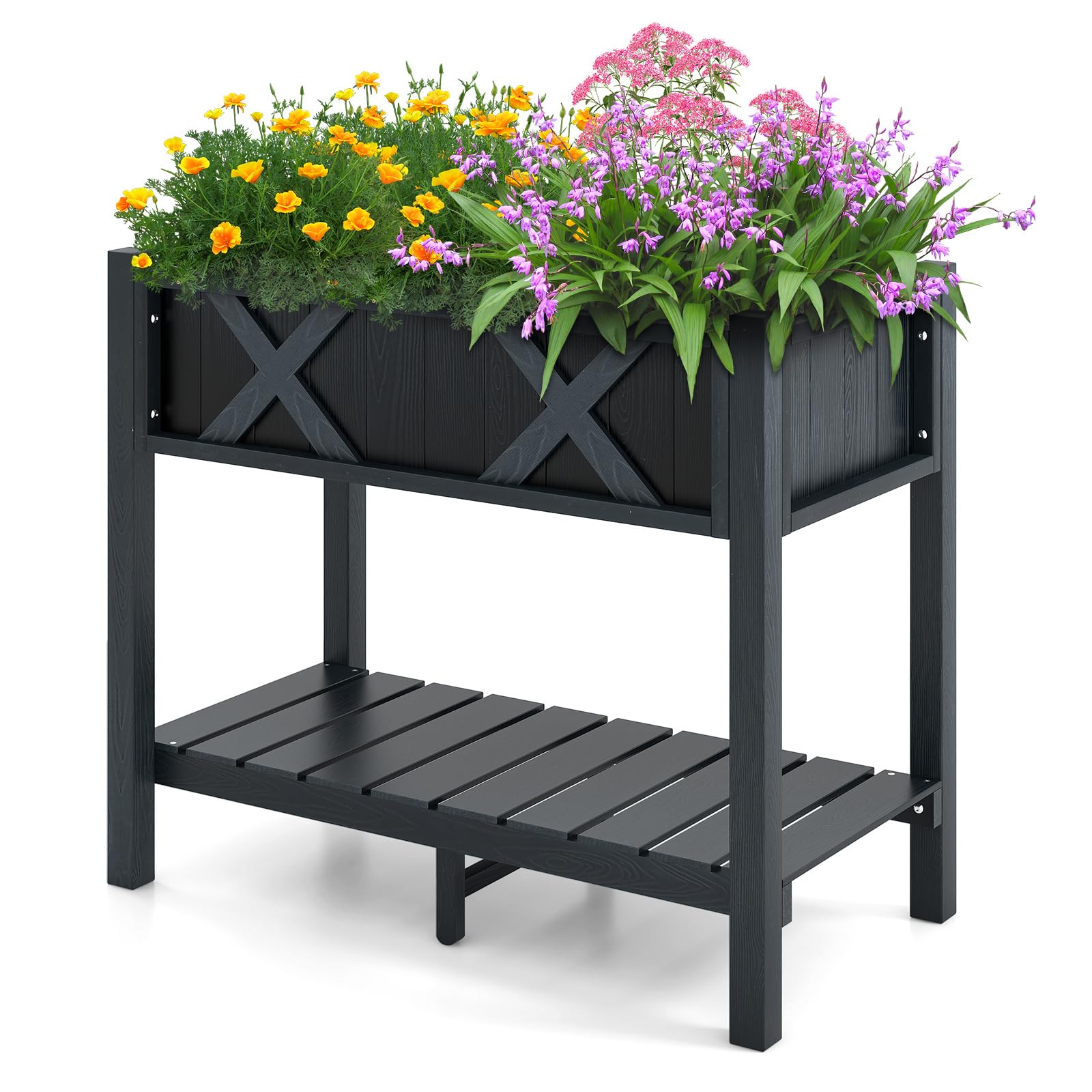 RELAX4LIFE Jardinera elevada con bandeja de almacenamiento y 12 agujeros de drenaje, jardinera con patas, jardinera para jardín, balcón, terraza, 86 x 45 x 73 cm, color negro, KX8556LWDE