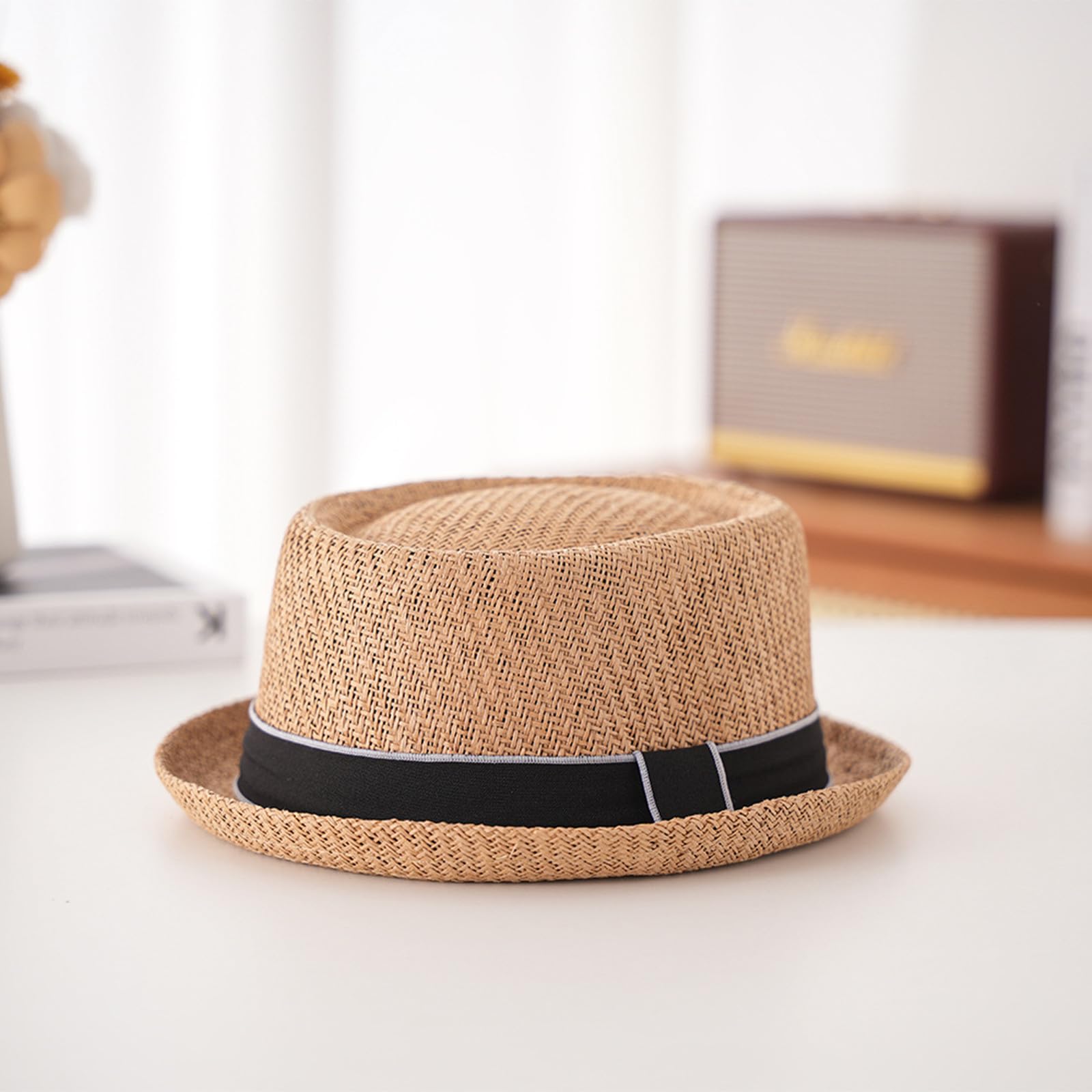 HEYANN Pork Pie Chapeau de paille pour homme Pork Pie Fedora 58 cm Chapeau d'été pour hommes et femmes, bowler plat protection solaire chapeau classique