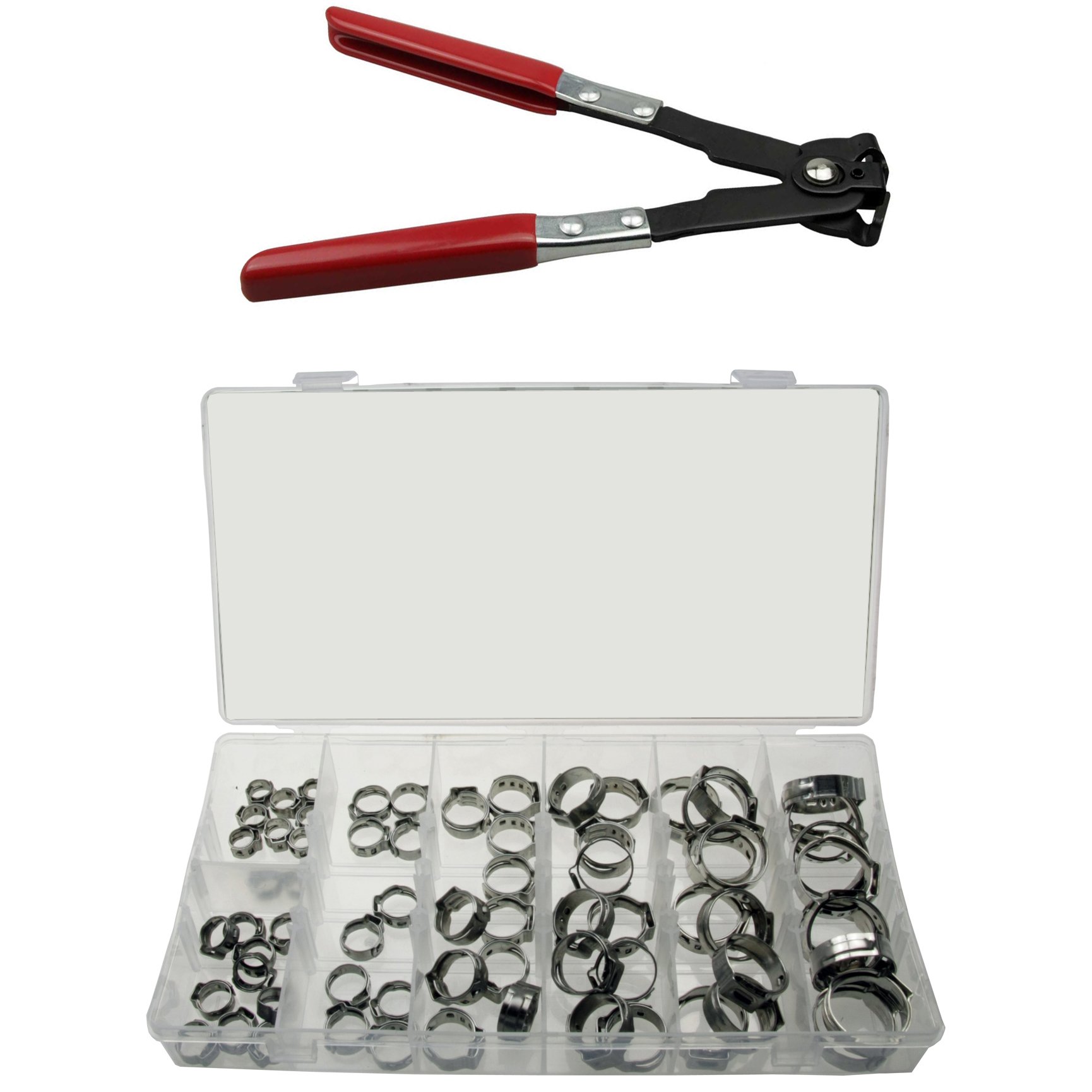 ALKAN 1-Ohr-Klemmen Mini-Schlauchschellen Klemmschelle 1-Ohr-Klemmen Leitungsschelle Schlauchklemmen Ein-Ohr-Klemmen Satz aus EDELSTAHL 6-21mm 70-tlg. + 1 x Schlauchklemmenzange Schlauchschellenzange