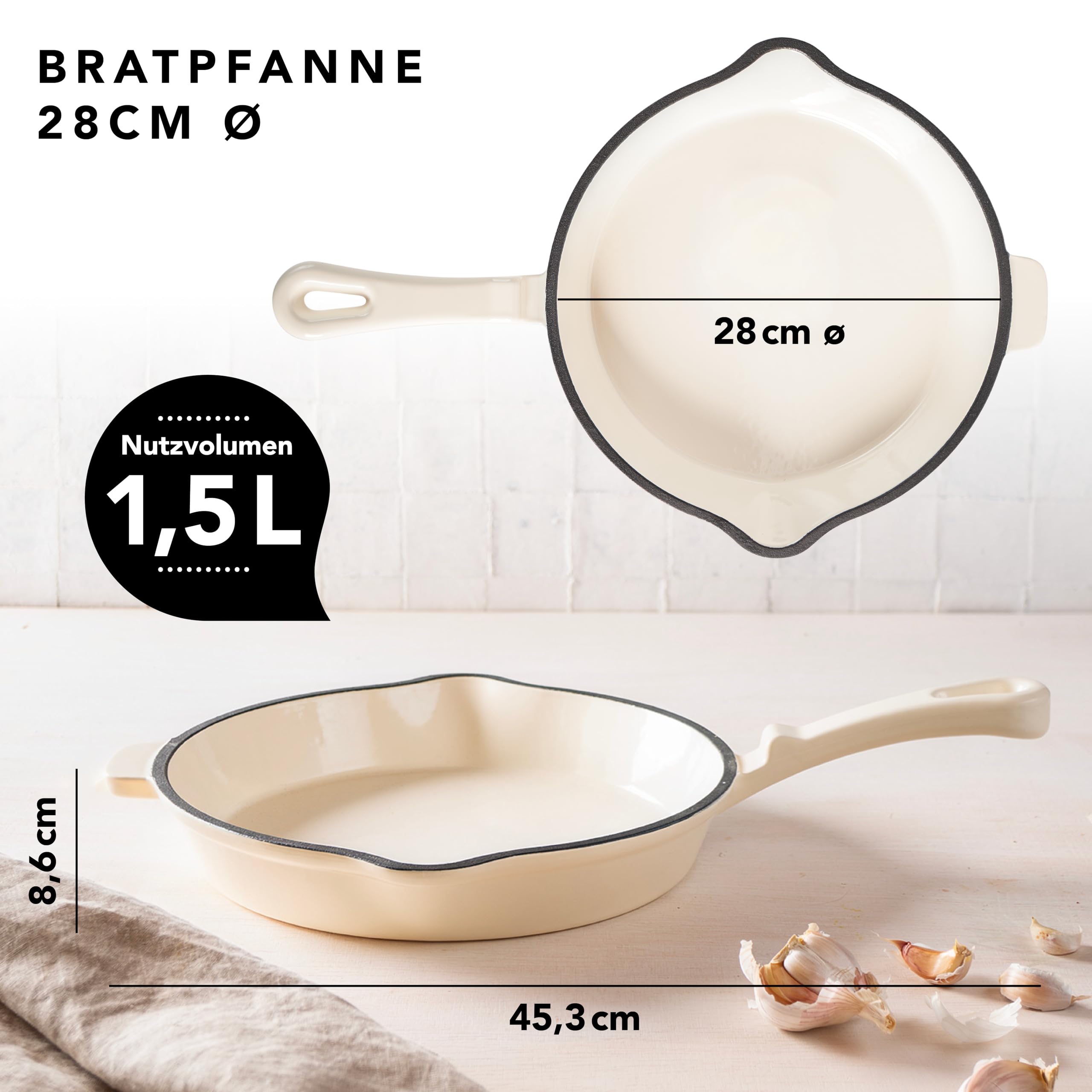 Römertopf - Padella in ghisa da 28 cm, con rivestimento smaltato, per tutti i tipi di fornelli compresi quelli a induzione, adatta al forno a 250 °C, per bistecche, patate, pesce, padelle, senza PFAS