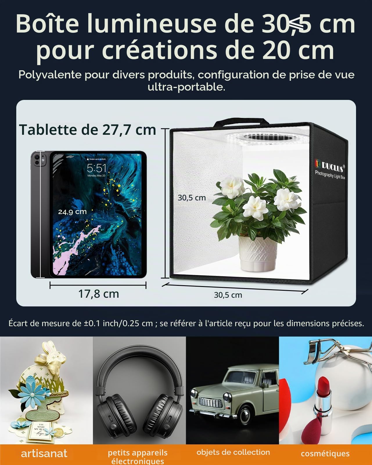 DUCLUS Boîte Photo pour Photographie, boîte Photo de 30 cm pour Photographie de Produit, Mini Studio Photo Pliable avec 120 LED à intensité Variable, 8 Fonds Lisses pour Tente Lumineuse pour Bijoux