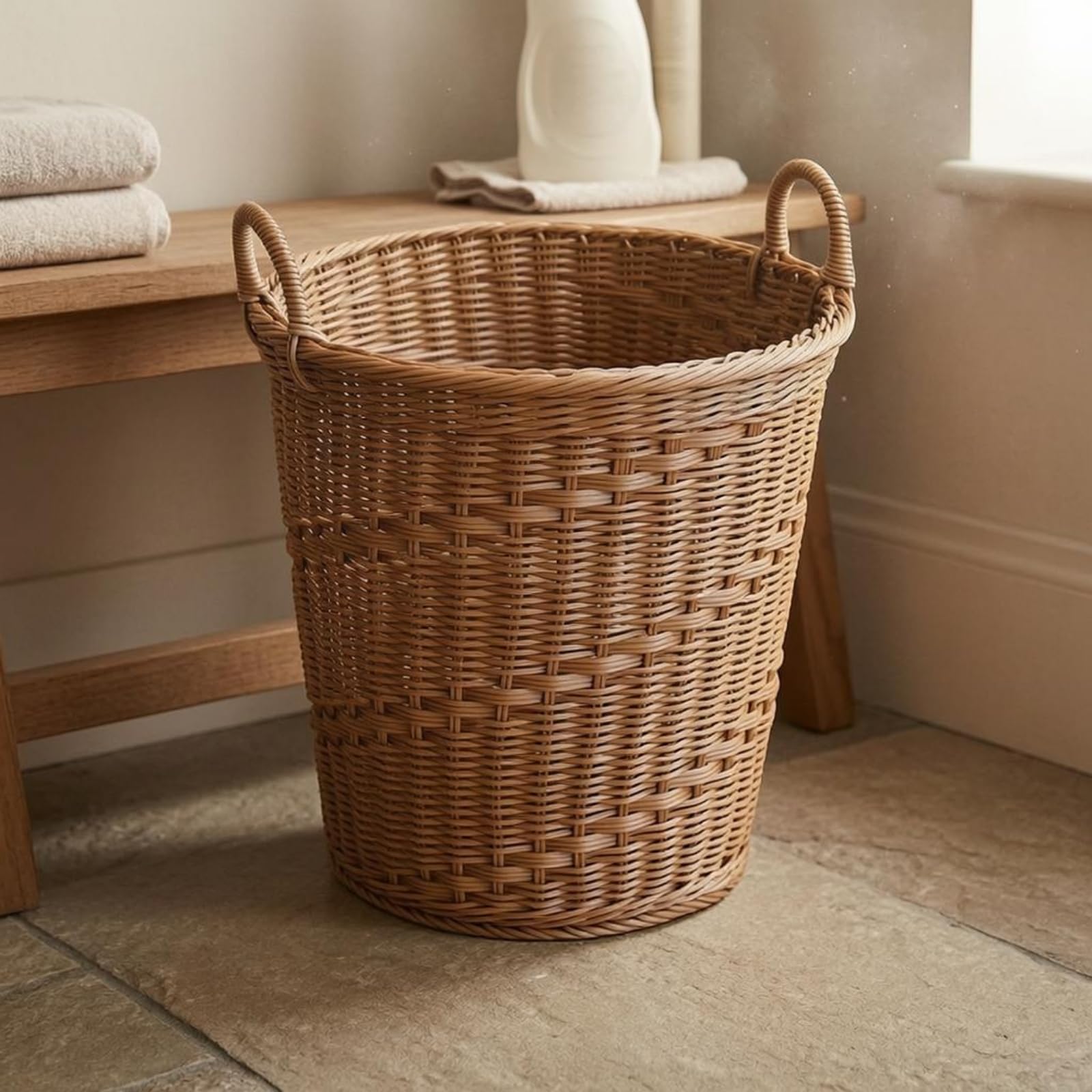 kowaku Cesto Portabiancheria Cesto Lavanderia Cesto Rotondo Cesto Intrecciato Cestino Portaoggetti in Rattan Sintetico con, Marrone, Twill, 40x40cm, Con Anello In Acciaio Verniciato A Forno