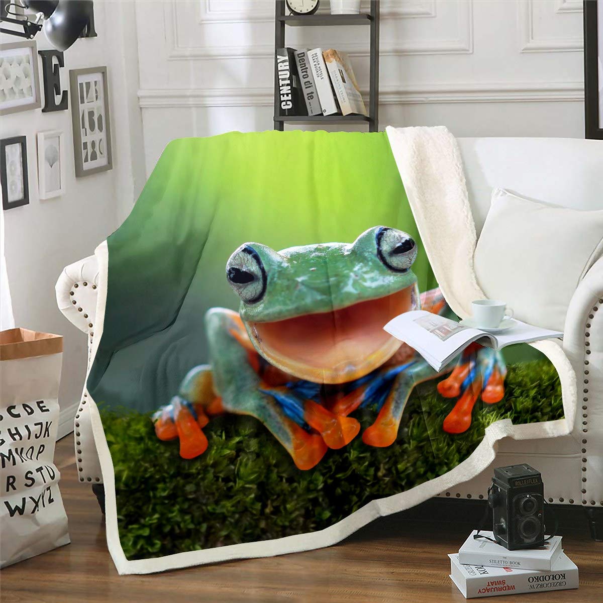 Loussiesd Frog Fleece Blanket Tropical Amphibian Throw Blanket 3D Animal Theme for Couch Bed Sofa Tropical Rain Forest Nature Theme Room Decor Double 60"x79"