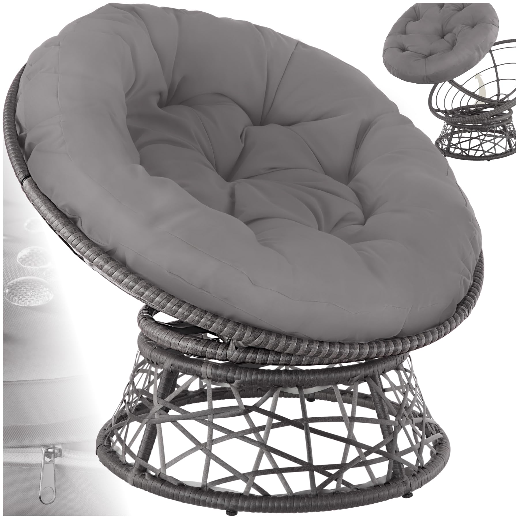 tectake® Rattan Garden Chair with 360° Swivel - Sun Lounger with Thick Cushion, made of Weather-Resistant Polyrattan and Powder-Coated Steel, Patio, Balcony or Conservatory Furniture - Grey