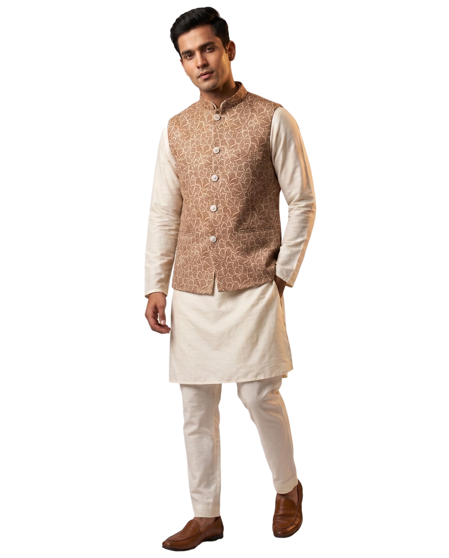 Men's Printed Nehru Jacket, light Brown-picture-42