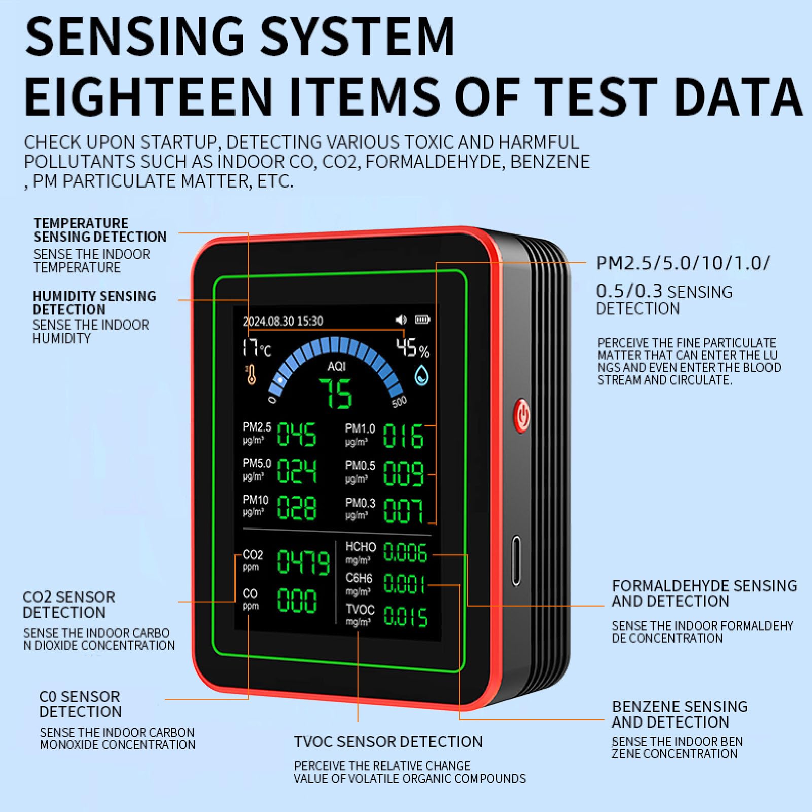 Misuratore Portatile della qualità 'aria 18 in 1 CO2 TVOC HCHO PM2.5 PM10 Temperatura Umidità Rilevatore Tester per Interni Alimentato a Batteria Archiviazione Dati per la Casa