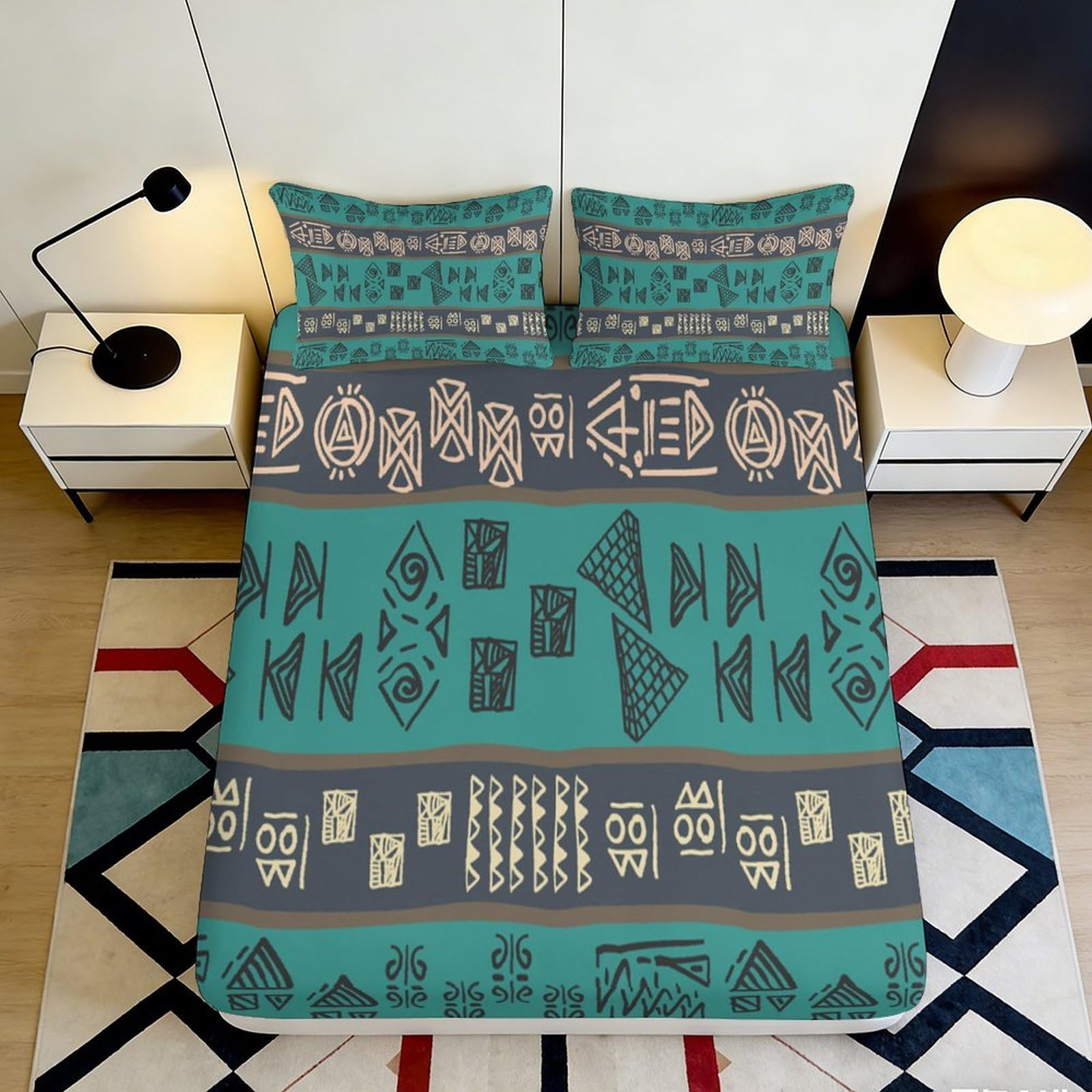 3D Printed Geometric Pattern Fitted Sheet Microfiber Soft Durable Ethnic Style Bed Cover for Bedroom Dormitory Guest Room Mattress Protection 140x200x25cm