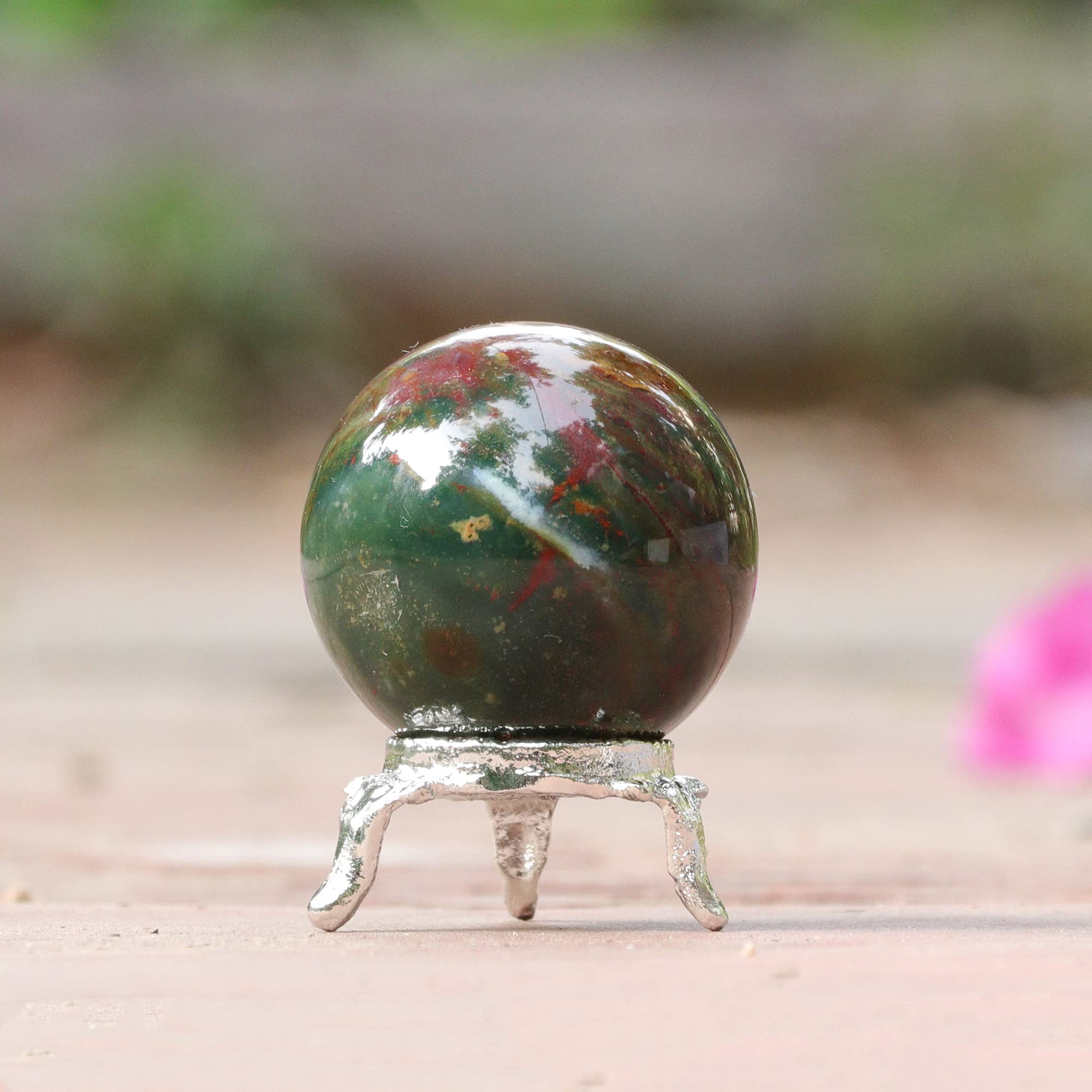 Crocon50mm Green Bloodstone Crystal Sphere Ball with Metal Stand, 1400+ Carats, Healing Sphere Sculpture for Fengshui, Divination, Home Decoration, Photography