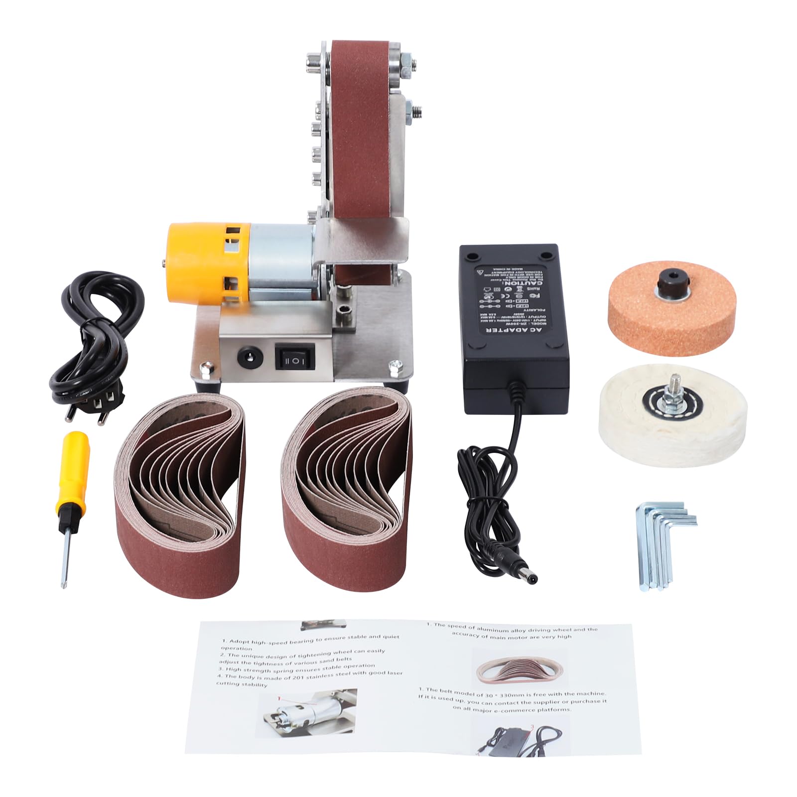 Mini lijadora de banda 4000-9000 rpm, lijadora eléctrica de mesa con motor 775 y regulación de 7 marchas, lijadora de banda compacta, montaje en mesa para madera, metal, modelismo, bricolaje, pulido