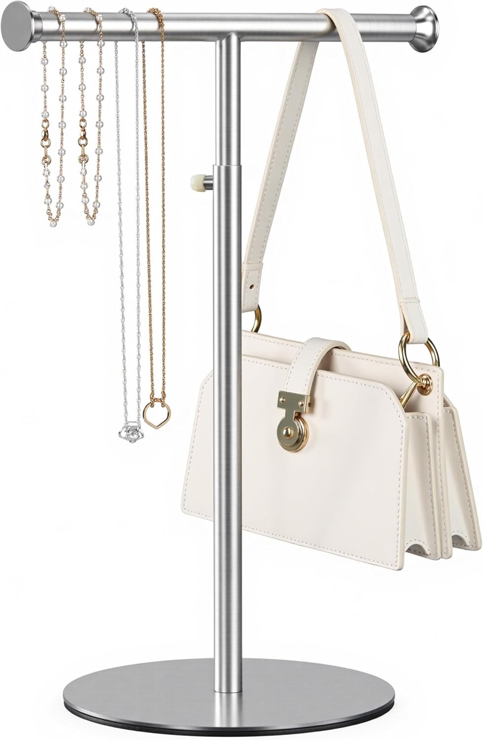niffgaff T Bar Purse Display Stand Tabletop: Adjustable Height 201 Stainless Steel Handbag Holder, Countertop Hanging Rack for Long Necklace Scarf Lanyard, Silver Brushed Finish
