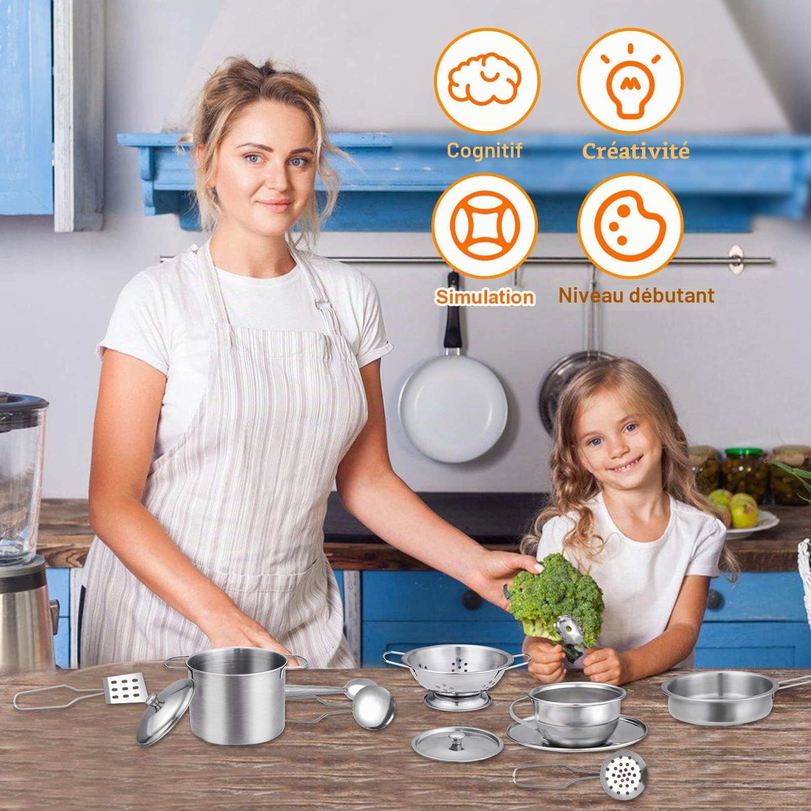 17 Pièces Accessoire Cuisine Enfant, Ensemble de Cuisine pour Enfant, Ustensile Jouet en Acier Inoxydable Bois pour Enfants, pour Garçons et Filles 3-6 Ans