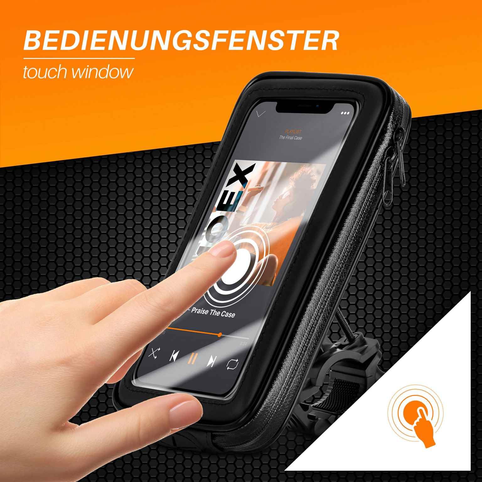 moex Supporto per cellulare per bicicletta compatibile con iPhone 16e – Borsa per manubrio con finestra di visualizzazione, inclinabile e girevole, supporto per manubrio impermeabile, nero