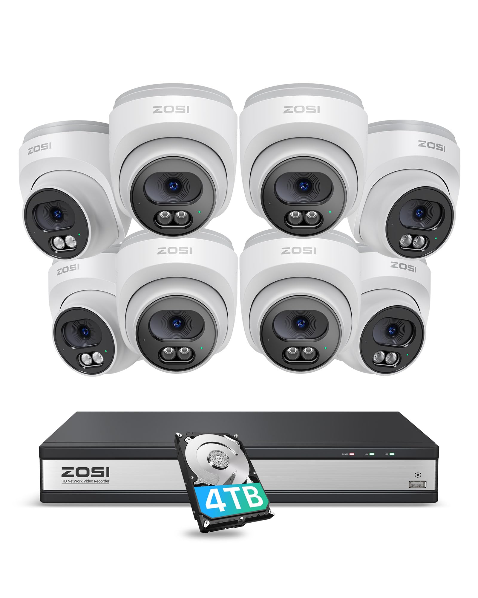 ZOSI C220 16CH 4K PoE Home Security Camera System, 16CH 8MP 4K NVR with 4TB HDD for 24/7 Record, 8 x 4MP(1440p) QHD 2.5K Dome IP Cameras Outdoor