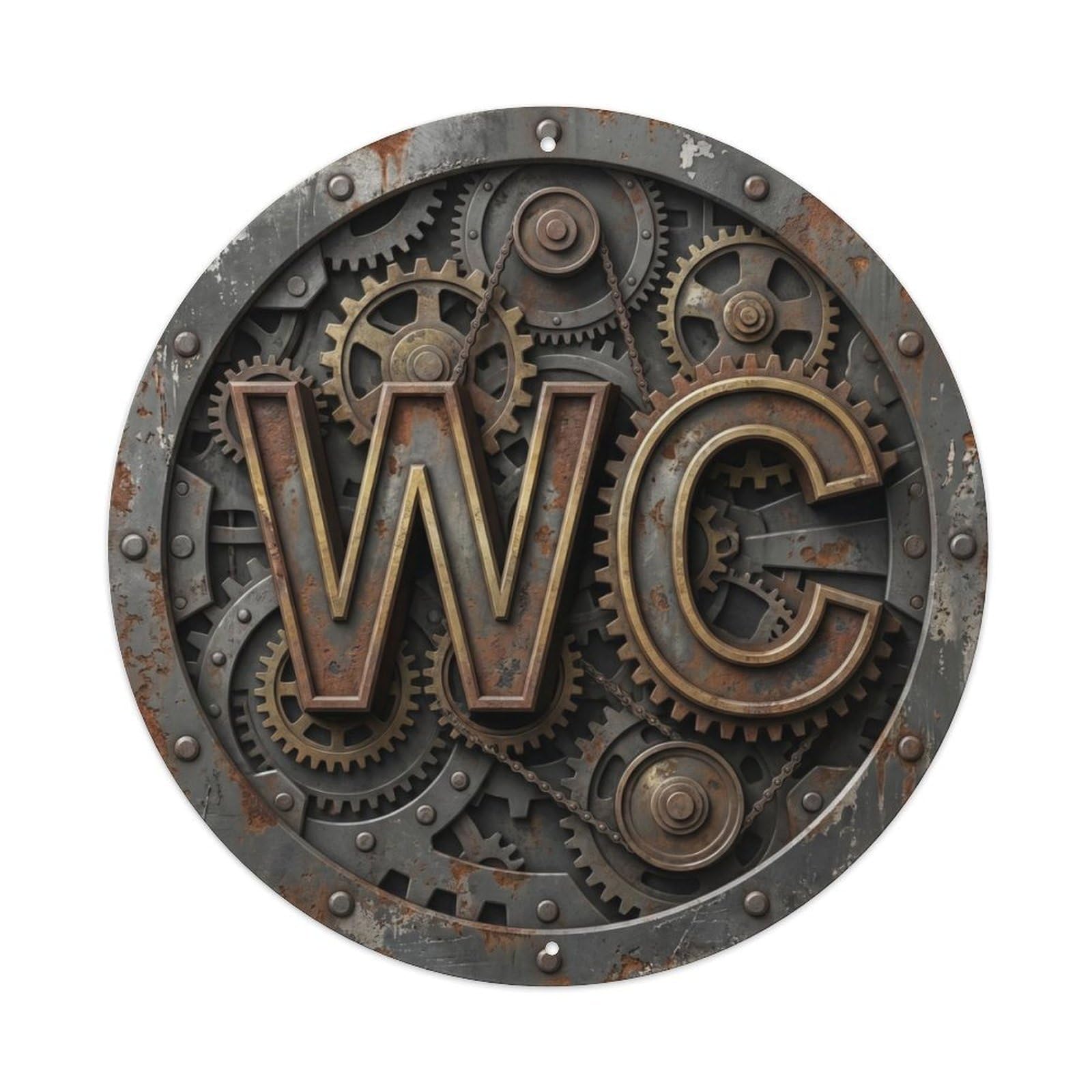 Toilet （WC） Gearworks Plate Metal Tin Sign Plaque Wall Decor for Cafe, Club Bar, Office, Home Garden Round Metal Poster 8x8Inch