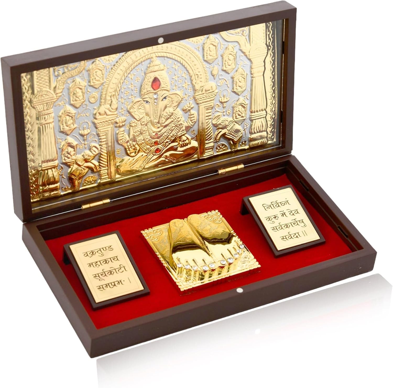 LOVENSPIRE Large Gold Plated Ganesha Photo Frame with Charan Paduka & Mantra for Diwali Housewarming Indian Wedding Return Gift Worship Pooja Room Decor Hindu Religious Devotional Paduka Prayer Box
