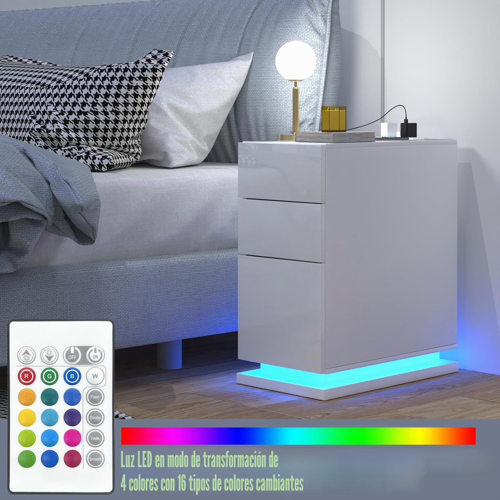 Juego de 2 Estrecha Mesilla de Noche con Estación de Carga y LED, Brillante Mesa Auxiliar con 3 cajones, para Dormitorio, Salón, Estudio, Blanco