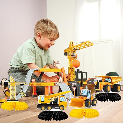 Miniatura 7 de 10 centros de mesa de construcción de panal de abeja para decoración de fiesta de tercer cumpleaños para niños, camión volquete, cono, zona de