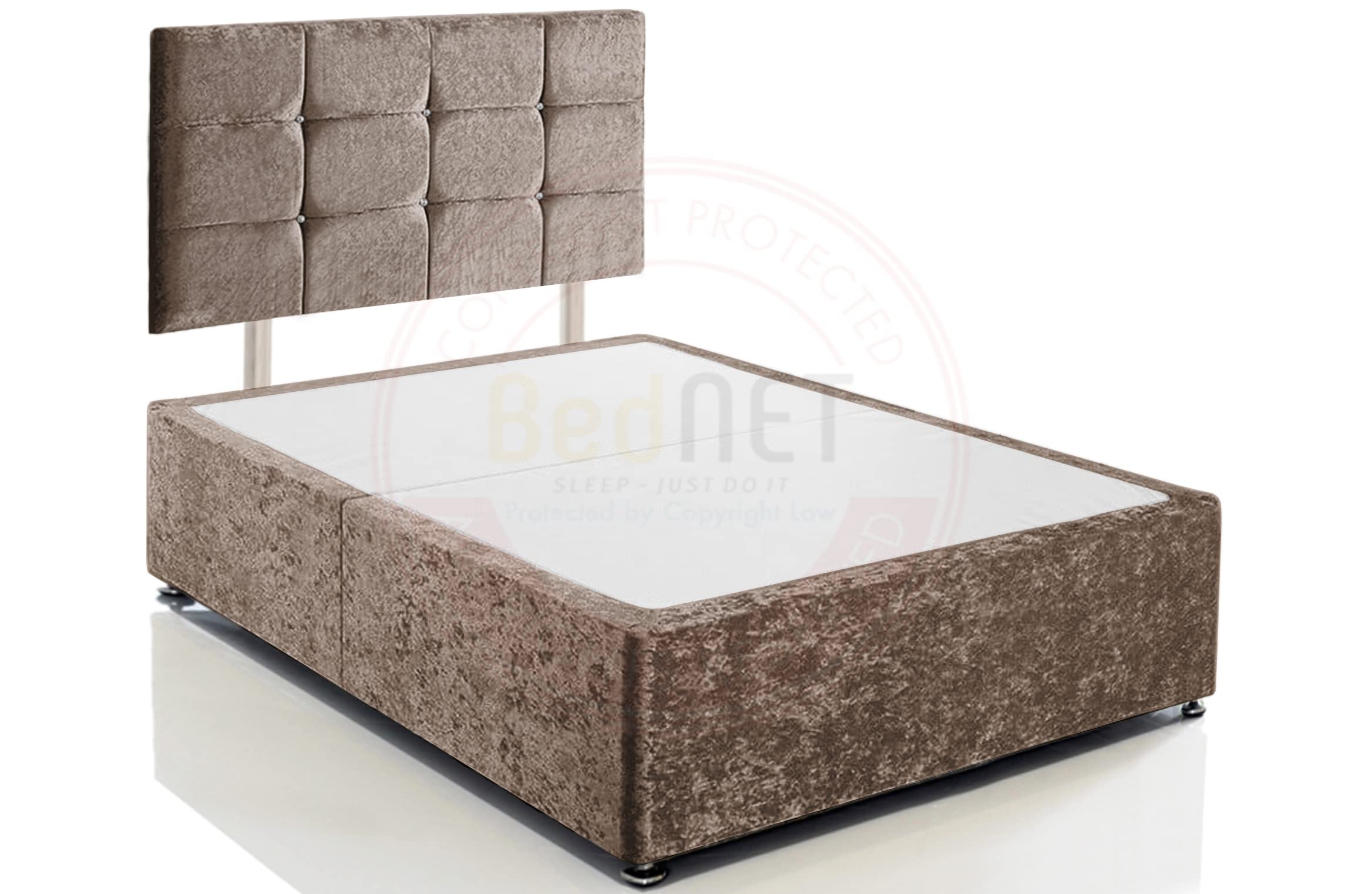 BEDNET Crushed Velvet Divan Bed Base Frame and Storage Drawers in Single Double King Size with Cube Headboards for Beds Bases (Truffle Crushed, 3FT - Single with No Drawers)