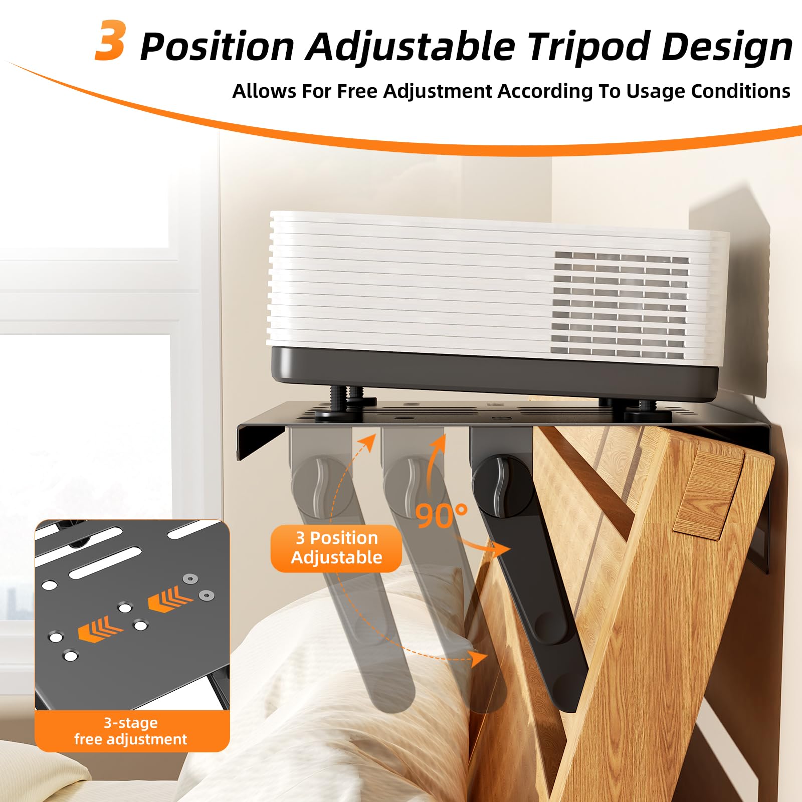 Soporte de proyector sin taladrar, estante plegable para sofá y mesita de noche | Ángulo ajustable, diseño perforado para disipación de calor, soporte de pared para proyector para sala de estar (30 x 24 cm)