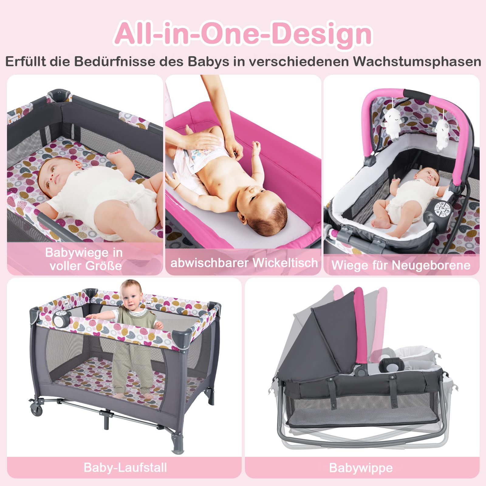 GOPLUS 5-in-1 Babybett, Beistellbett Baby mit Wickelauflage, Bremsrädern und Reisetasche, Musikbox mit Vibrationsfunktion, 2 hängende Spielzeuge, tragbares Reisebett mit Transporttasche (Rosa)
