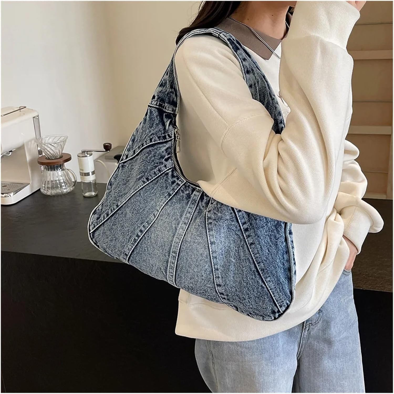 Borsa Jeans Donna Borsa in denim hobo in da donna con cerniera pochette sotto ascella for shopping viaggio di lavoro