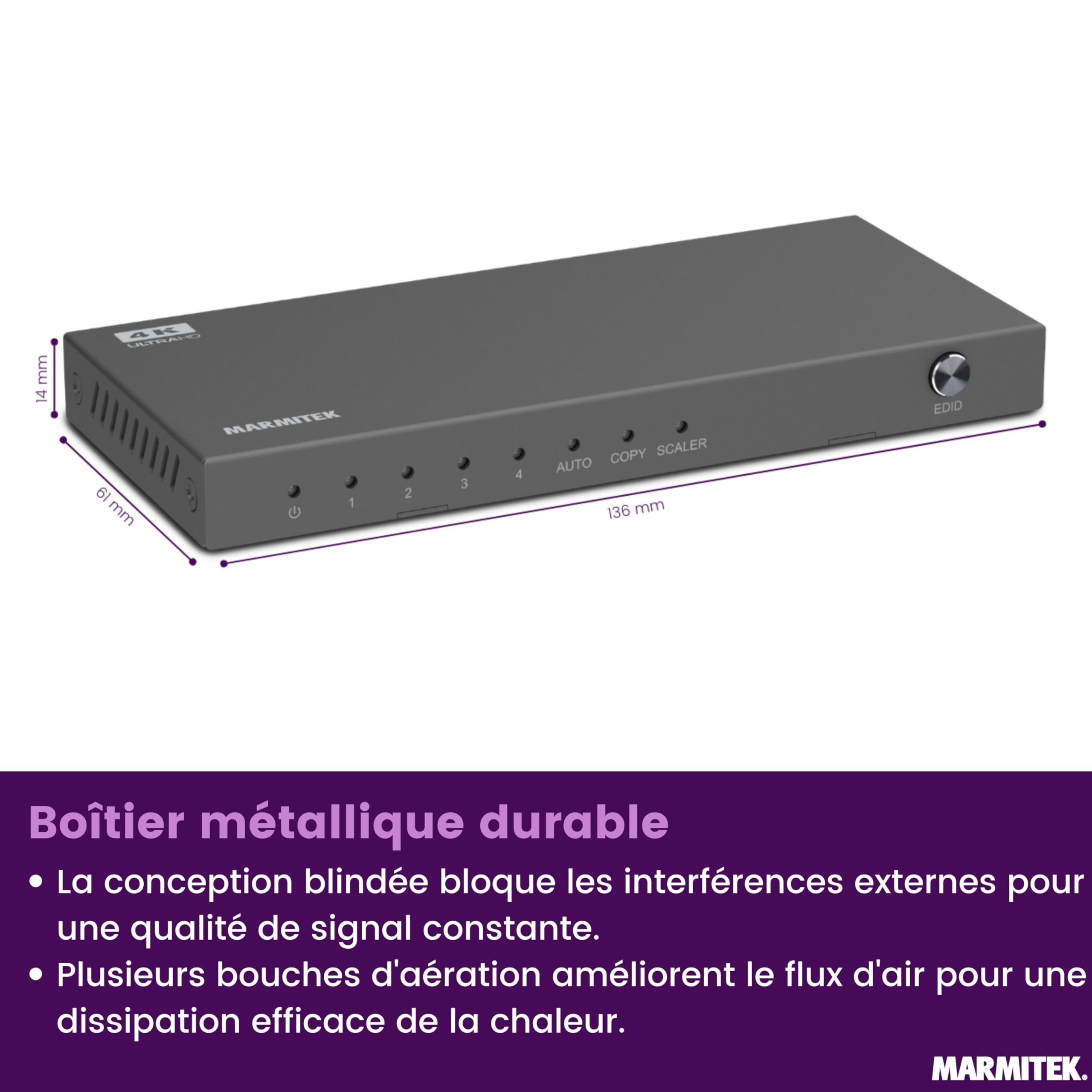 Marmitek Split 614 Pro - Splitter HDMI 4K60 1 entrée 4 Sorties UHD HDR | Duplicateur HDMI 2.0 Ultra HD pour 4 écrans, HDR10, HDCP 2.2, EDID, downscaler, 18 Gbit/s et boîtier métallique