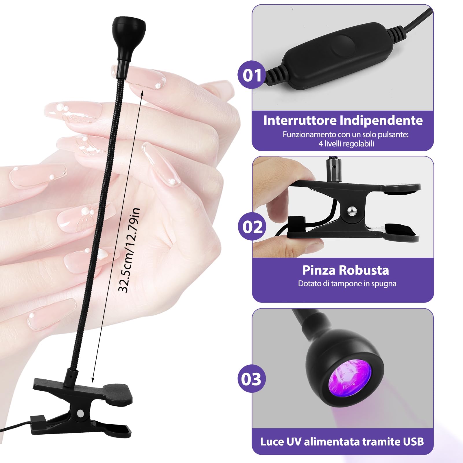 Lampada UV LED Unghie, 5W Mini Lampada Unghie, Portatile Lampada UV con Clip, 360° Testa Regolabile, Regolabile per Gel, Resina e Colla UV, con USB (Nero)