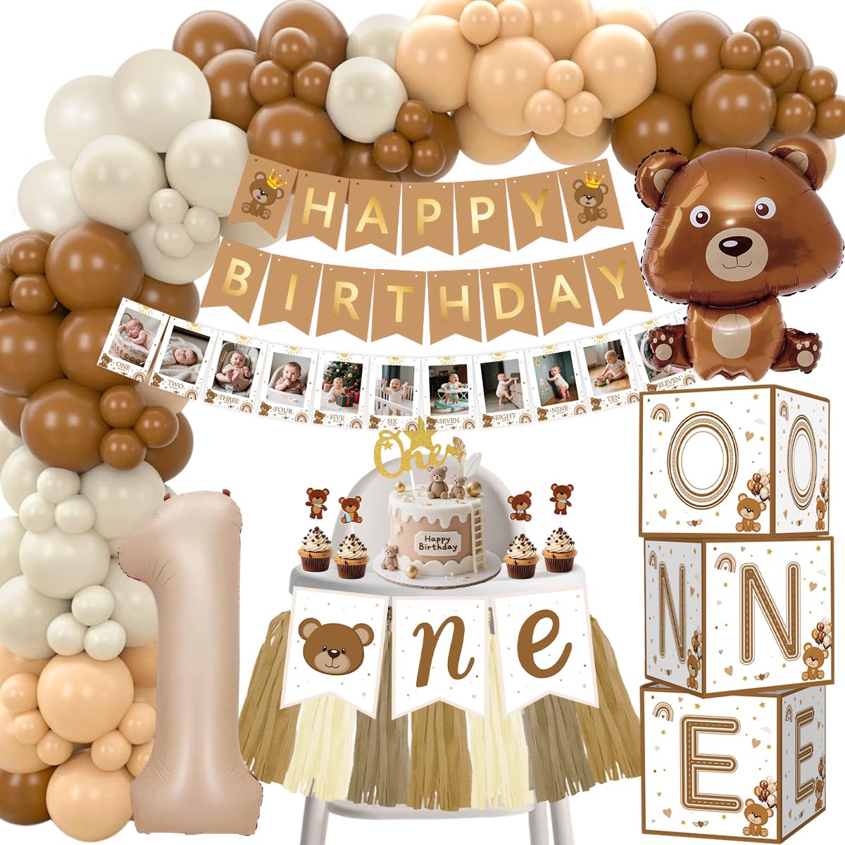 1st Birthday Decorations for Boys, Bear First Birthday Party Decoration with Month Photo Banner, Balloon Boxes, Number 1 Foil Balloon, Cake Topper, High Chair Banner, Boho Happy Birthday Banner
