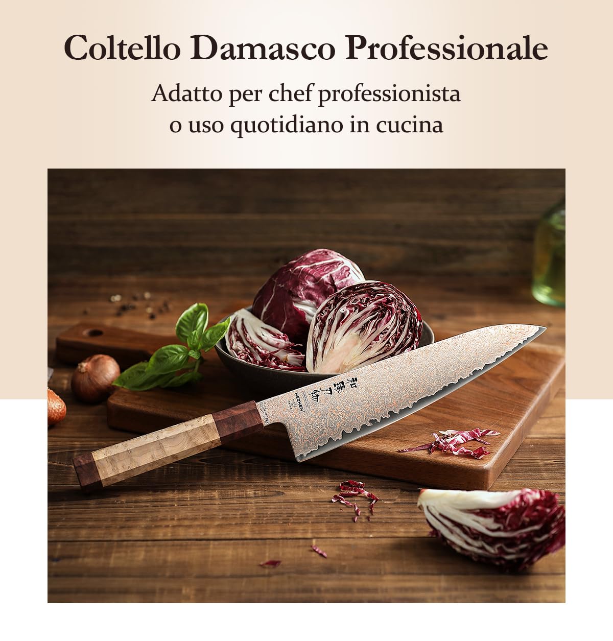 HEZHEN Coltello da Chef in Acciaio Damascato Rame, Professionale Coltello Damasco in Stile Giapponese, Manico Ottagonale in Legno
